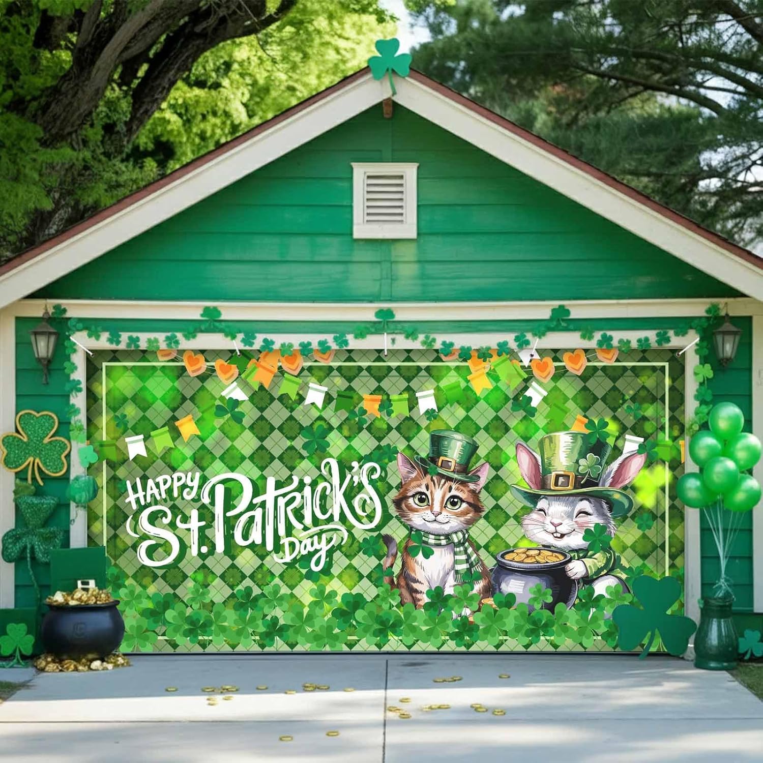 St. Patrick's Day Garage Door Cover 7 x 8 ft Shamrock Cat Rabbits Spring Plaid Garage Door Banner Backdrop Decorations Indoor Outdoor Large Wall Banner Decor for Holiday, Party