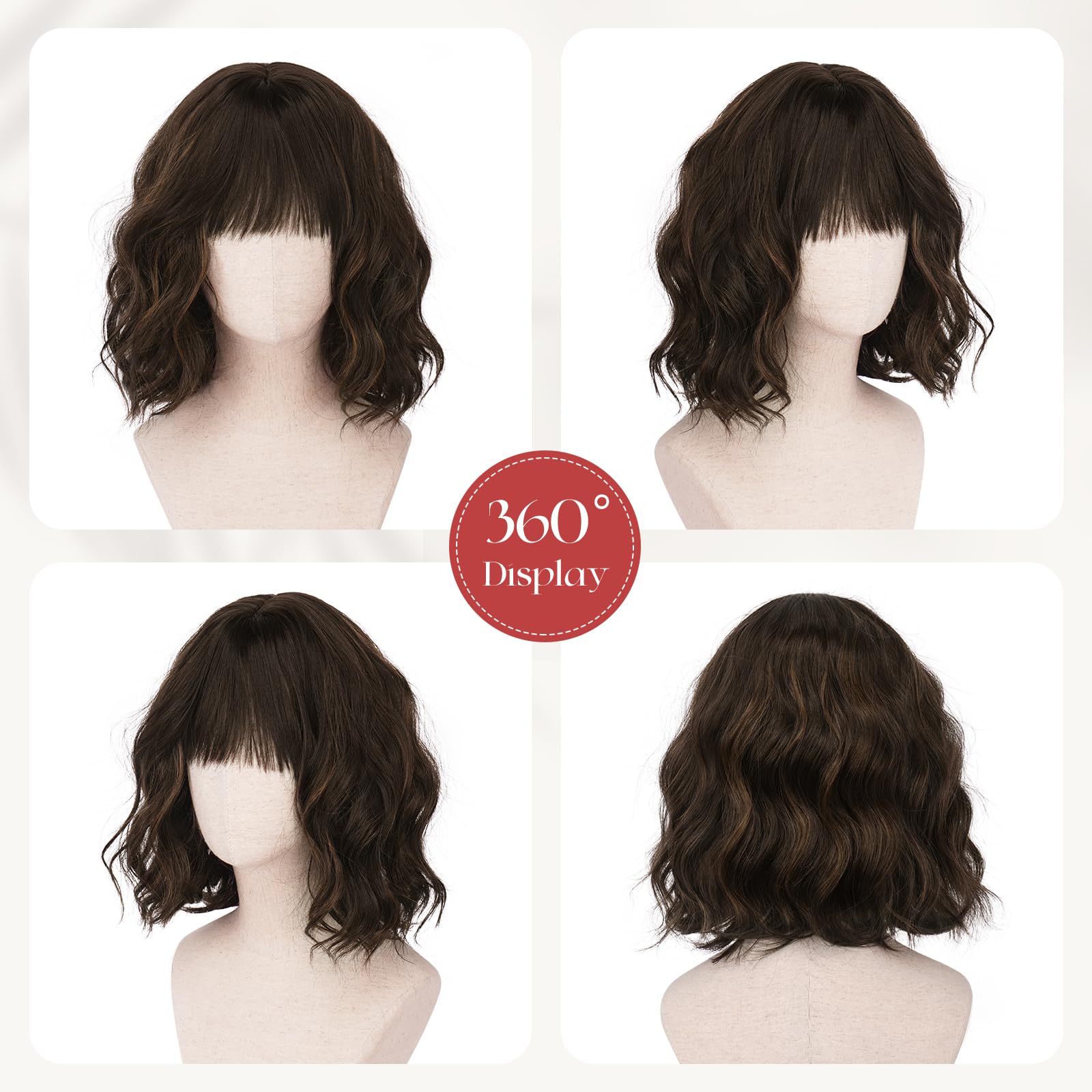 Sofeiyan Kurze Gewellte Bob Perücke mit Pony Damen 30 cm Braun mit Highlights Synthetische Perücke für Frauen Natürliche Lockige Perücke für Cosplay Alltag Party Halloween