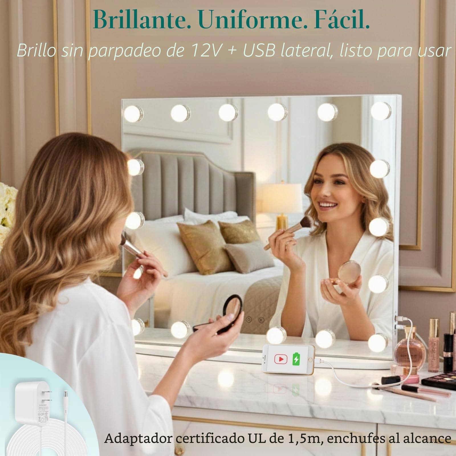 LUXFURNI - Espejo de cambiador de Hollywood de 26 x 21 pulgadas con luces, 18 bombillas LED con iluminación, espejo de maquillaje iluminado de 3 colores, mesa y montaje en pared, espejo de aumento de