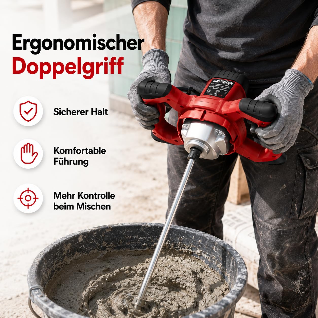 LDHTHOPI Mörtelrührer,2200W Rührwerk mit 6-Gang-Getriebe, Soft-Start-Funktion,max.800 U/min,M14 Schnittstelle Rührstab,für Beton, Mörtel, Putz, Kleber und Zement,Farbe,Rot