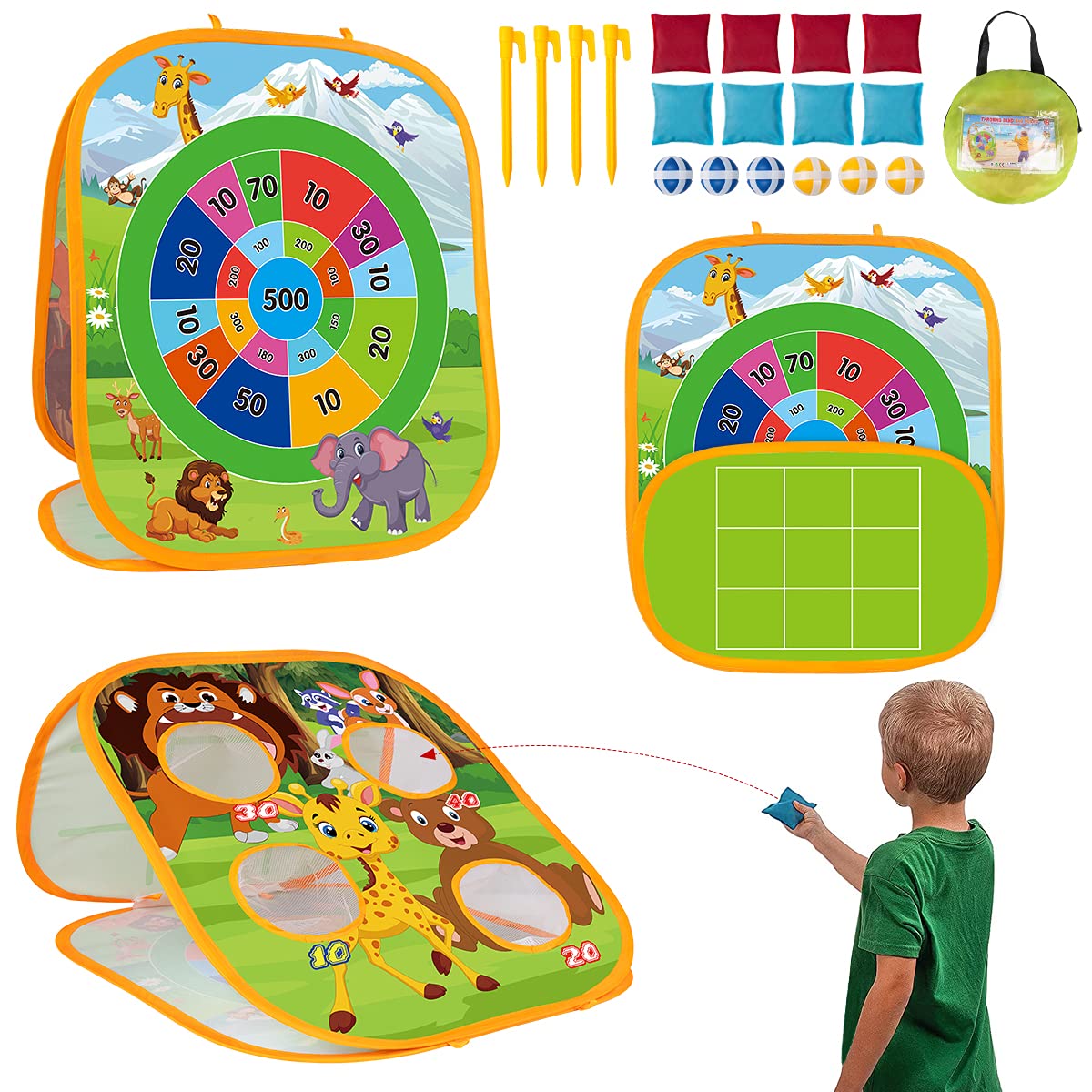 Photo 1 of 3 in 1 Bean Bag Toss Game Set for Kids, Outside Toys for Kids Toddlers Ages 3-5 4-8 4-7, Collapsible Cornhole and Dart Board with 8 Bean Bags, Crab & Turtle Themed, Birthday Gift for Boys Girls Yellow