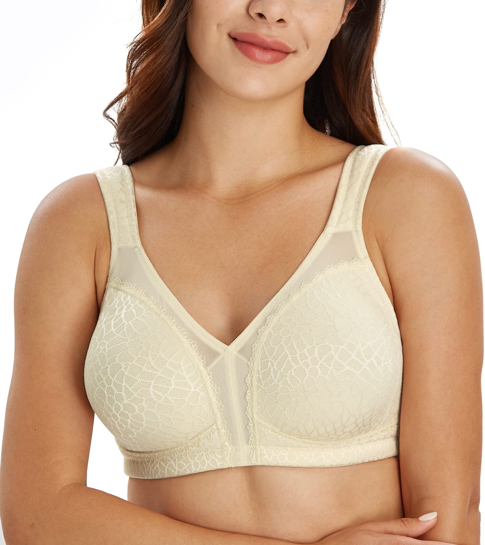 Lemorosy Women's Full Coverage Minimizer Bra Wirefree Plus Size Unpadded Lace Soft Support Bra