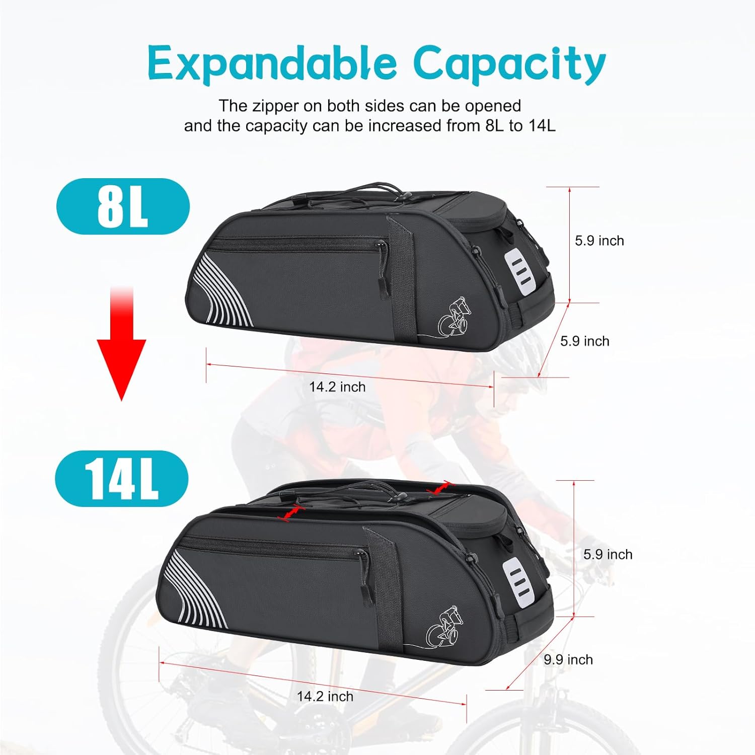 YEEGO DIRECT Bike Rack Bag, 14L Expandable Capacity Bike Bags for Bicycles Rear Rack,Water-resistant Bike Trunk Bag, Bike Panniers Reflective Design, Crossbody Shoulder Bag for Commuting Outings