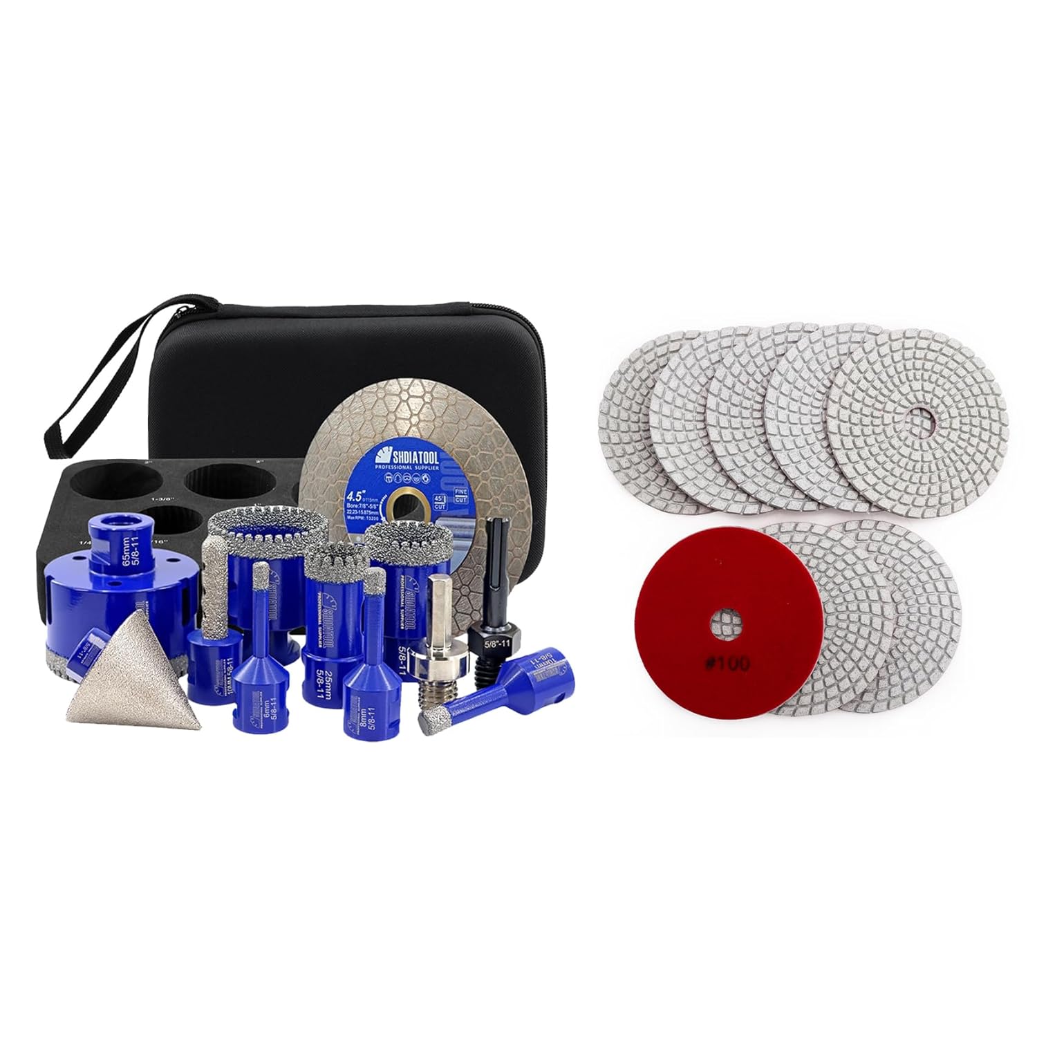 SHDIATOOL Diamond Drill Bits Kit - Core Bits Hole Saw Sets,Mould Guide for Drilling Porcelain Tile Marble Ceramic Granite with Hollow EVA Guide Jig 12pcs(6/8/10/25/35/50/65/10MM/2in/HEX+SDS+4.5in)