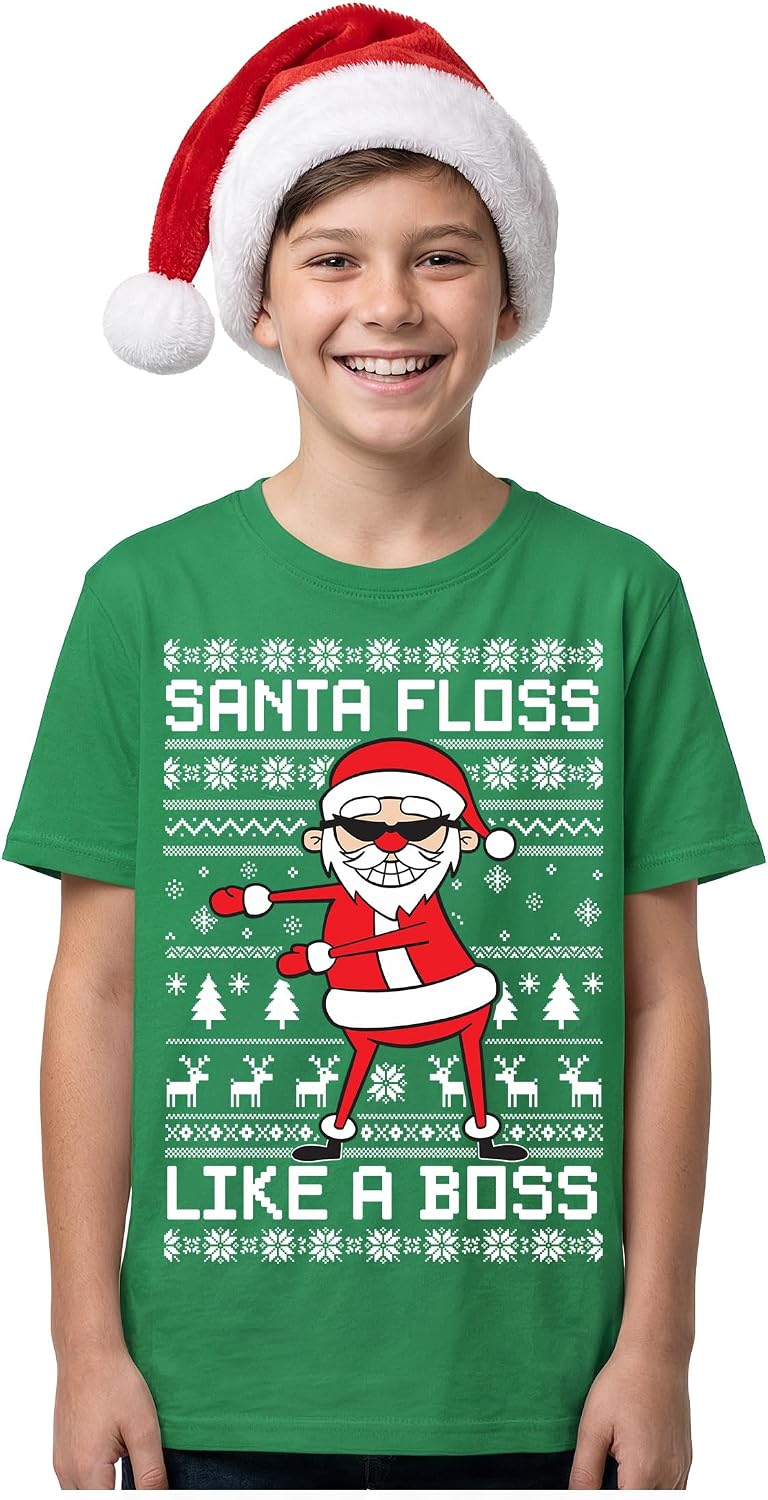 Tstars Santa Floss Dancing Shirt for Kids Youth - Boys Girls Reindeer Holiday Christmas Ugly Sweater Style Tee