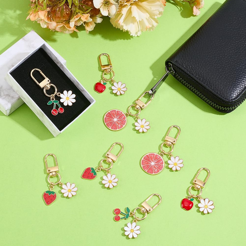 PH PandaHall 16pcs Fruit Flower Keychains, 4 Styles Cute Key Chain Alloy Enamel Keychains Cherry Strawberry Orange Charms for Purse Wallet Backpack Decoration, Gift, Women, Gold - Image 4