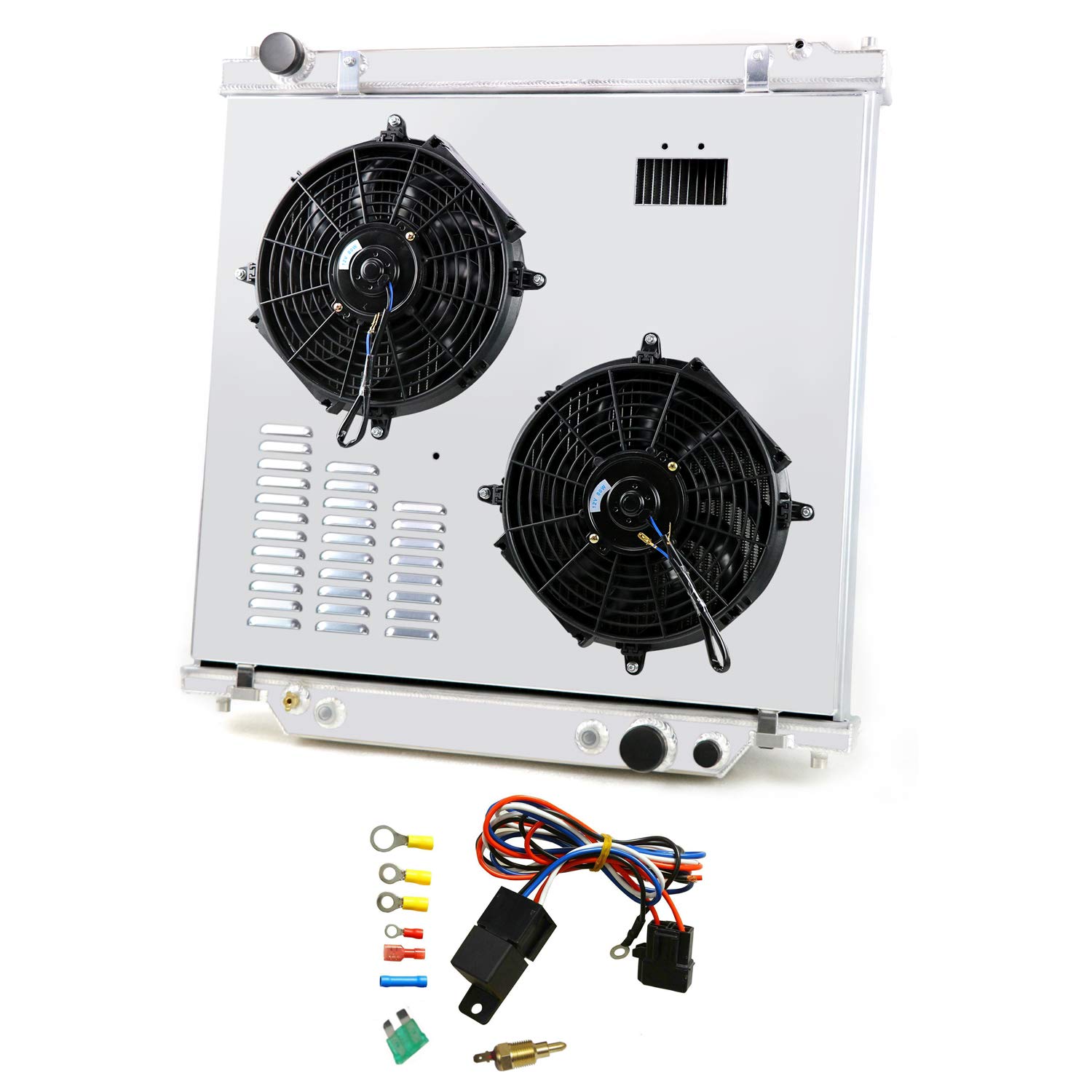 OzCoolingParts 3 Row Core All Aluminum Radiator + 2x12" Fan w/Louver Shroud + Thermostat/Relay Wire Kit for 1999-2005 00 01 02 03 04 Ford F-250 F-350 F-450 F-550 Super Duty Excursion, 6.8L 7.3L