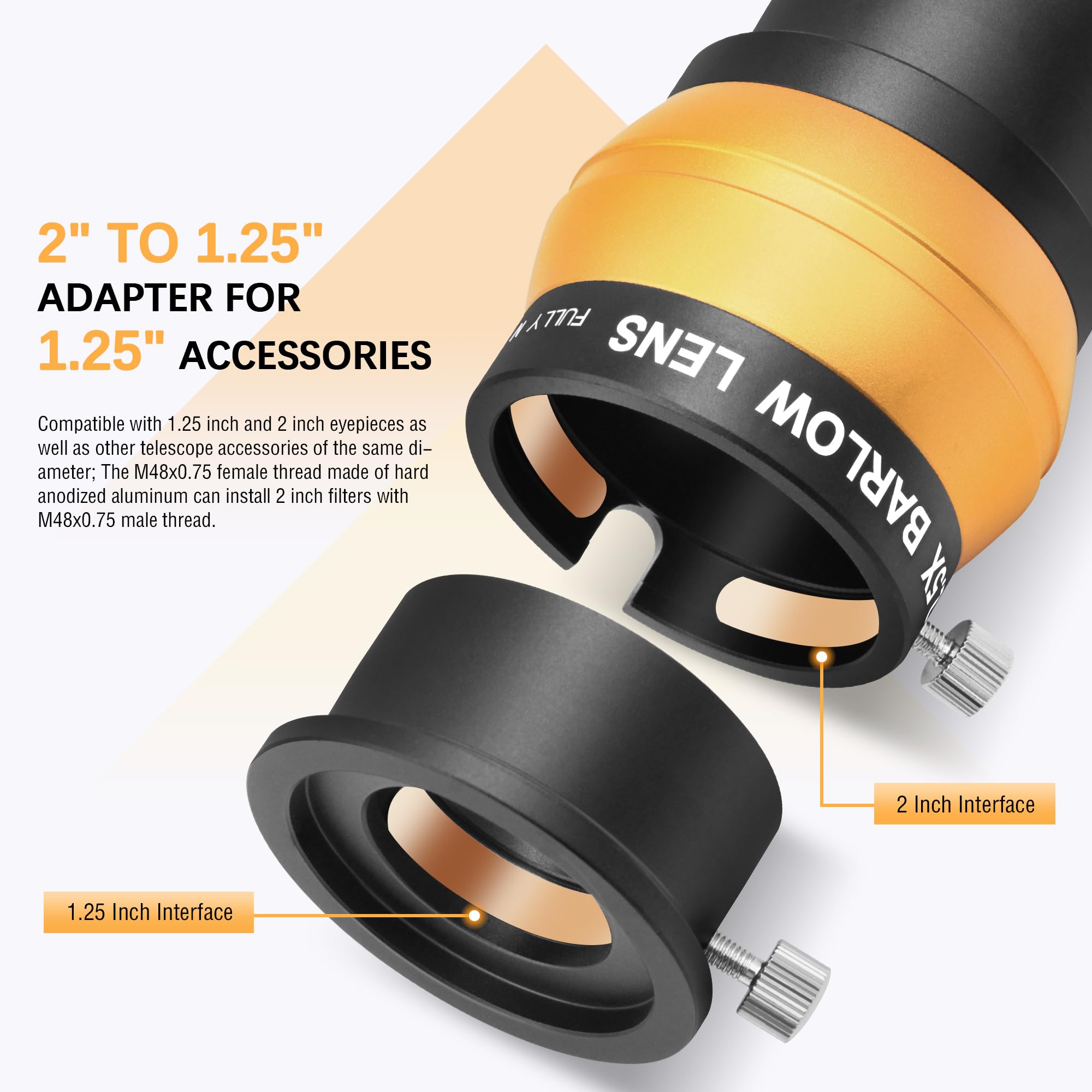 Alstar Objectif de Barlow 2" 2,5X - Permet l'utilisation d'oculaires de télescope de 5,1 cm et 3,2 cm - Film Vert à Large Bande métallique à 4 éléments avec revêtement Multicouche