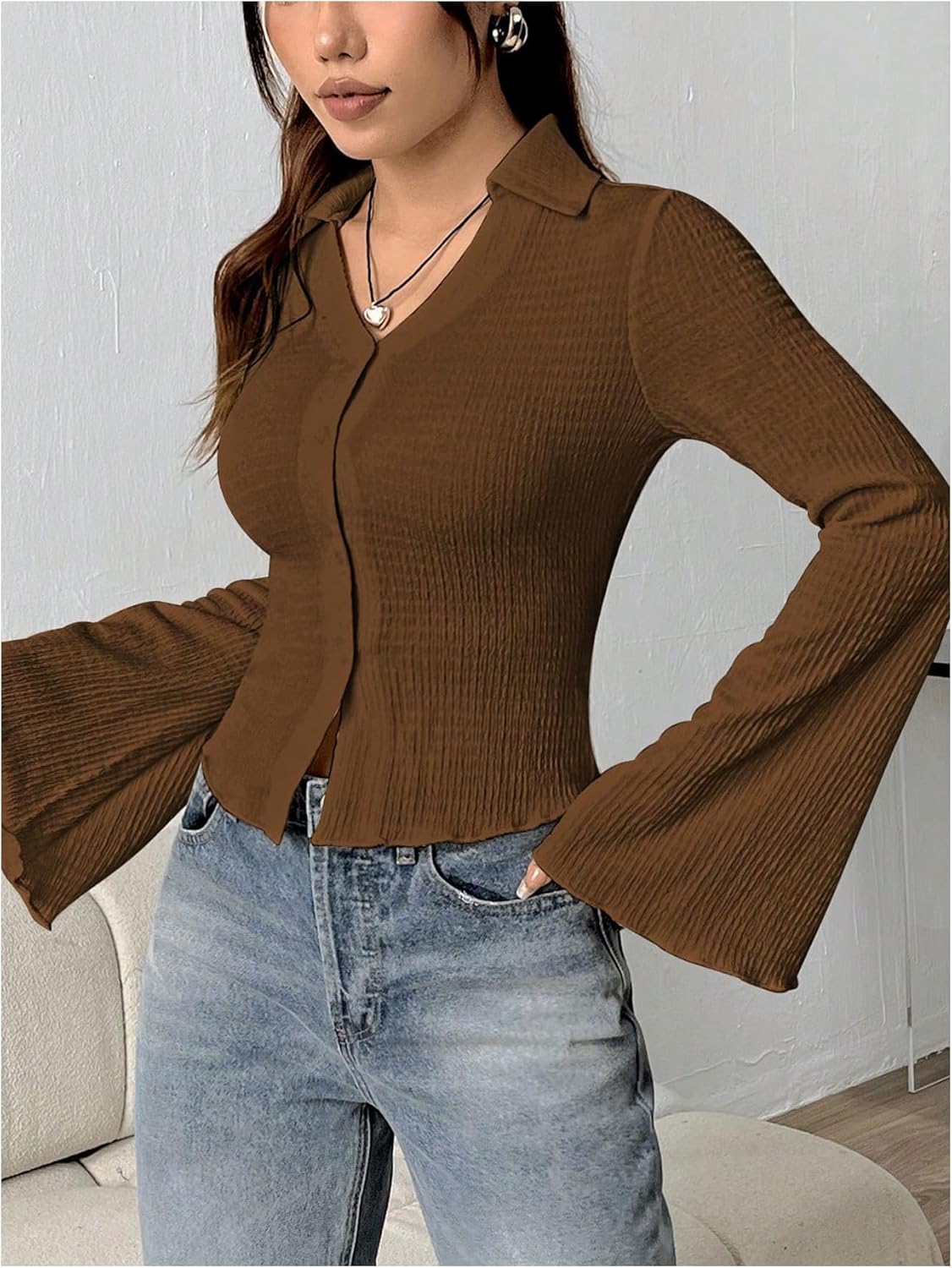 MakeMeChic Women's Button Down Blouse Collared V Neck Bell Sleeve Shirt Tops - Image 2