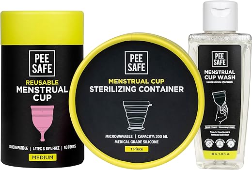Pee Safe Menstrual Cup Medium Size + Sterilizing Container + Menstrual Cup Wash 100ml | Pack of 3
