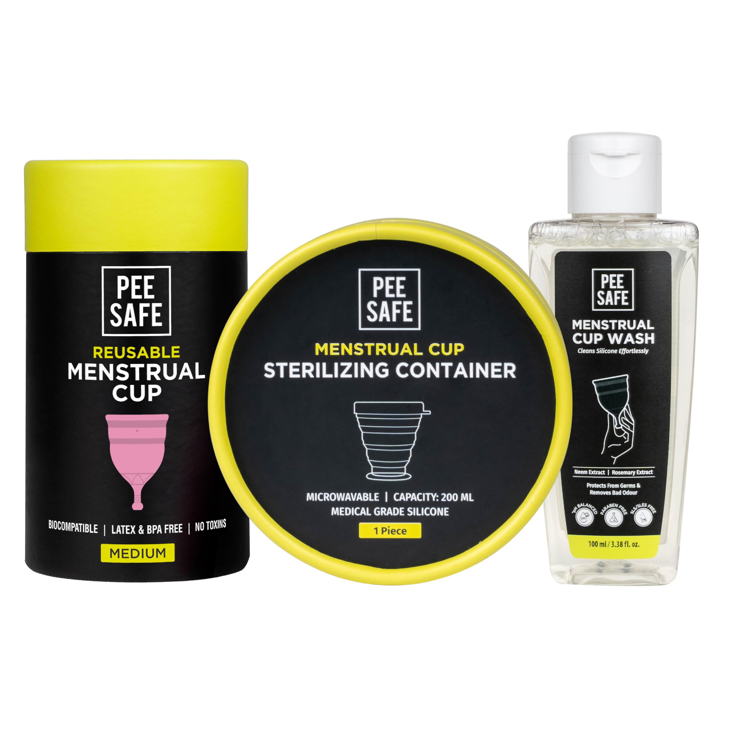 Pee Safe Menstrual Cup Medium Size + Sterilizing Container + Menstrual Cup Wash 100ml | Pack of 3