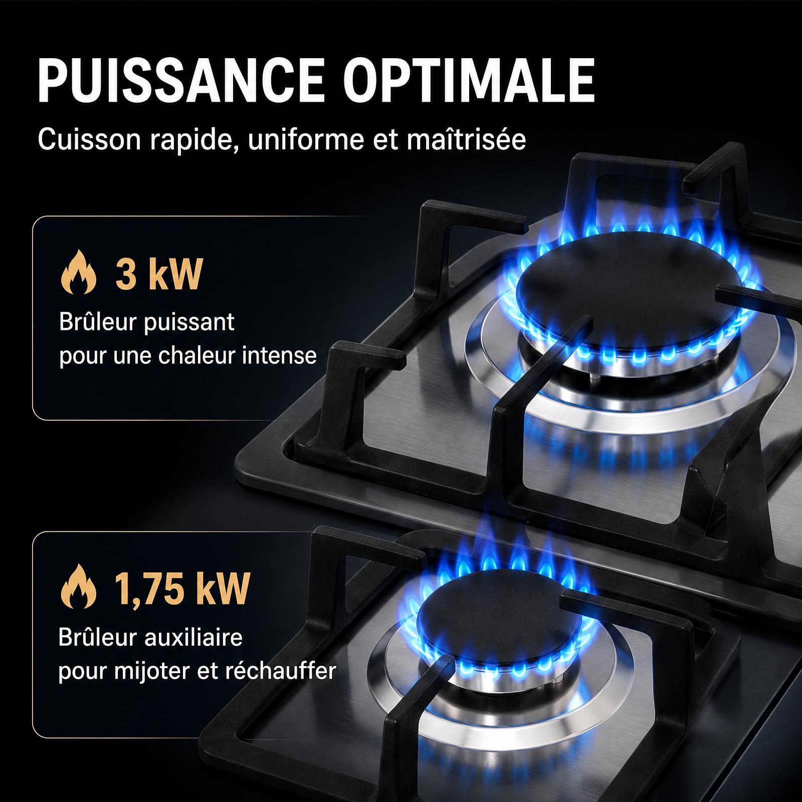 Przenośna płyta gazowa, 2-palnikowa, 3 kW + 1,75 kW, ze stali nierdzewnej, na kemping i do kampera, blat roboczy i montaż do zabudowy, 51 x 31 x 10 cm, na gaz ziemny i płynny (srebrna)