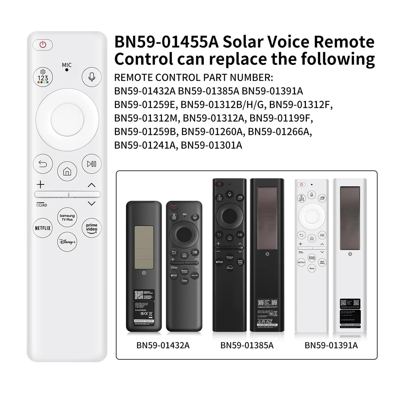 1 Mando a Distancia for TV | BN59-01455A Control remoto por voz solar for con celda recargable Bluetooth apta para(BN59-01455A-Solar-W)