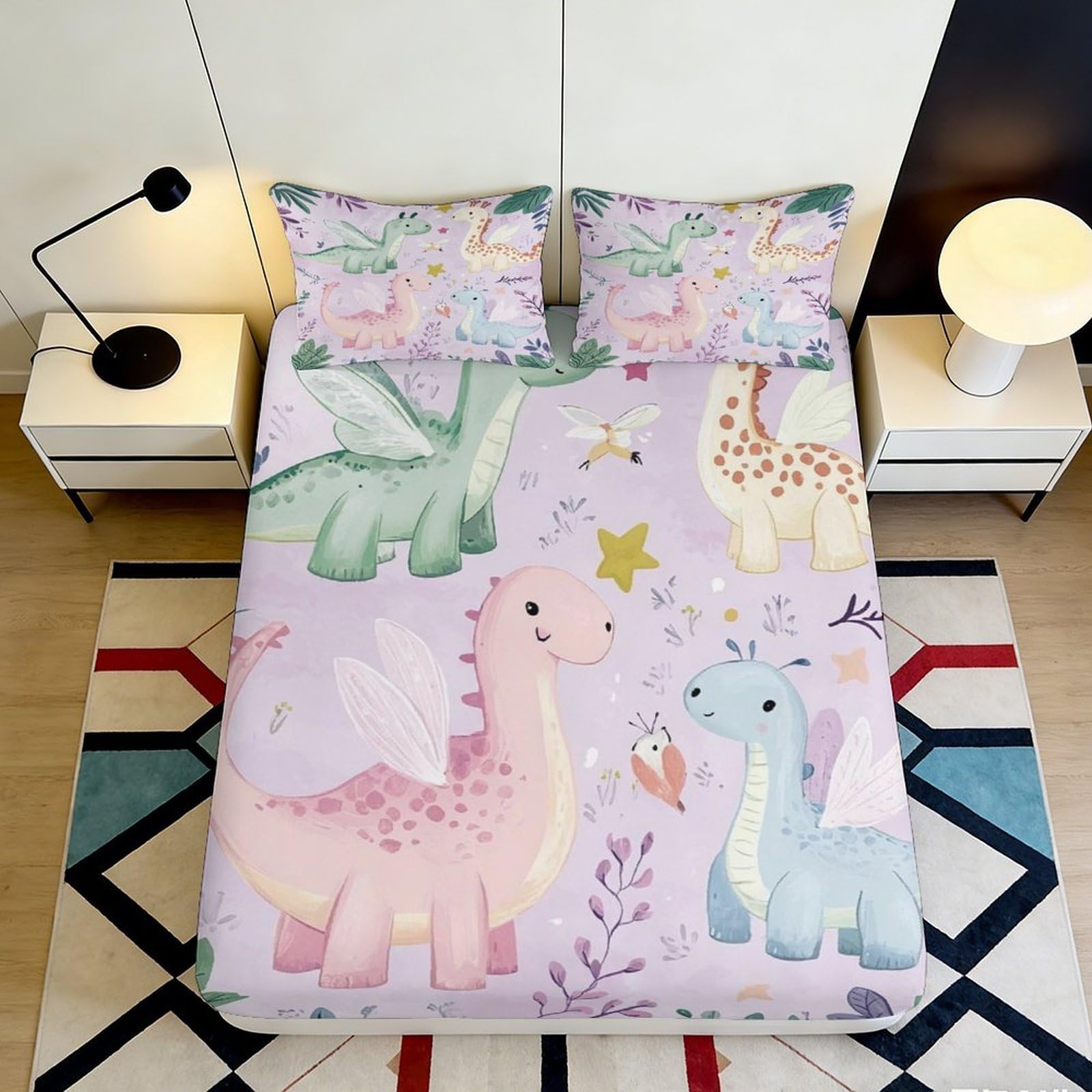 3D Printed Cartoon Dinosaur Fitted Sheet Microfiber Pastel Animal Mattress Cover for Bedroom Dorm Decor, Easy Care 90x200x25cm