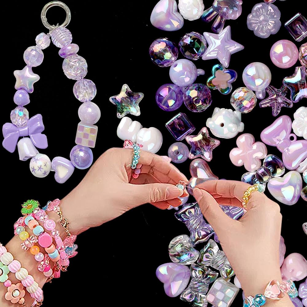 Amazon.co.jp: 50g ピンクパープルアクリルビーズ - かわいいフラワー