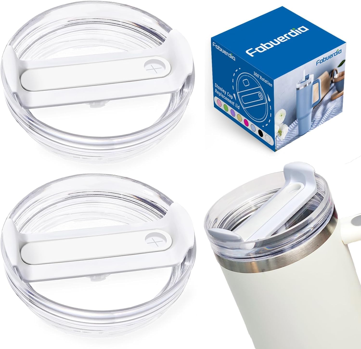 Fabuerdia 40 OZ Tumbler Lid Fit for Stanley Cup, 2 Pack Clear Replacement Lids, Spill Proof Tumbler Covers for Stanley Cup Accessories(Clear-White)