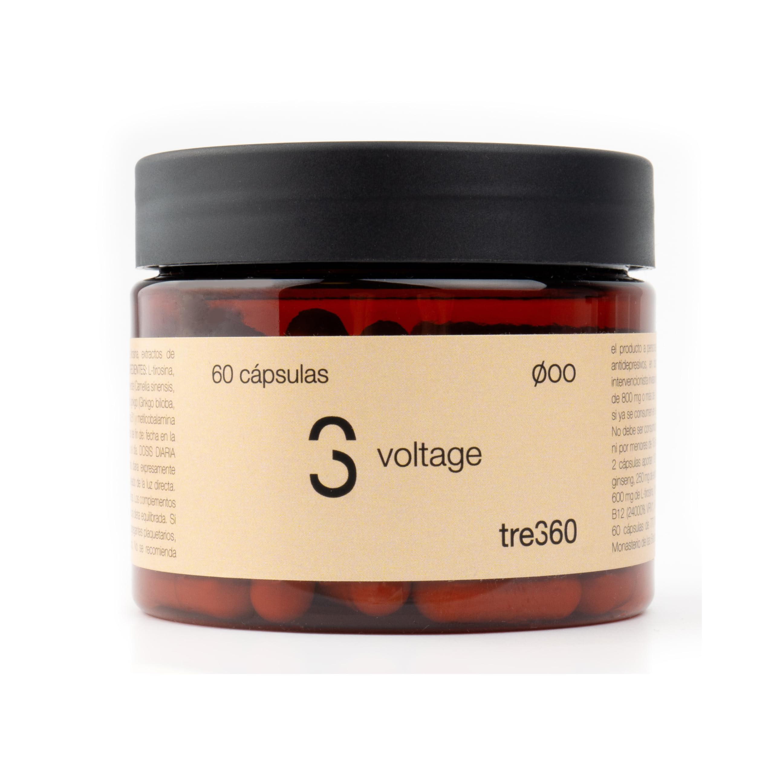 Tres60 - Voltage Energía y Rendimiento – 60 Cápsulas - Cafeína, Taurina, Ginseng, L-Arginina y Té Verde - Complejo con Vitaminas B y Vitamina C - Suplemento Energizante para Concentración