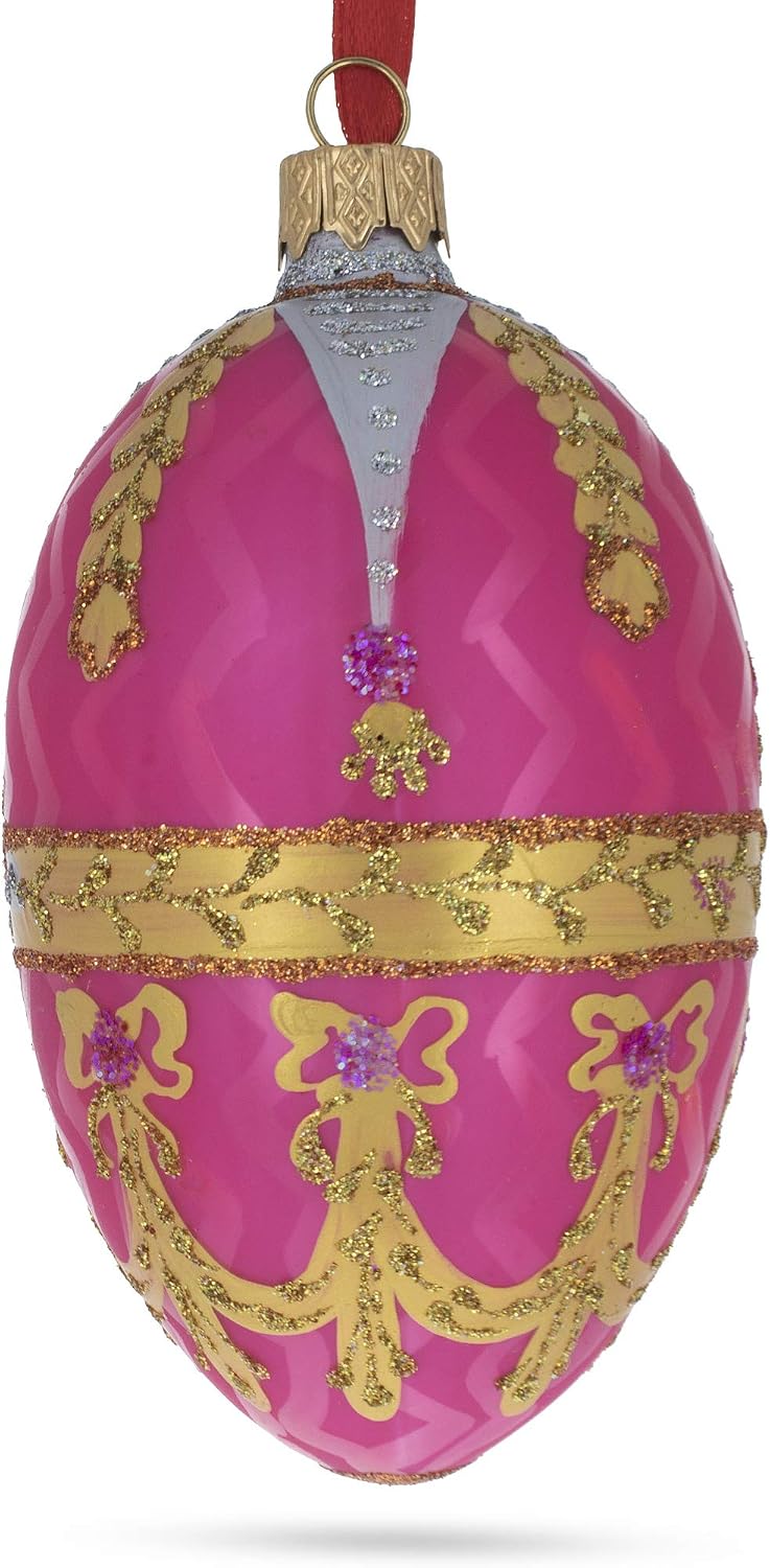 Golden Garlands On Pink Egg Glass Ornament 4 Inches