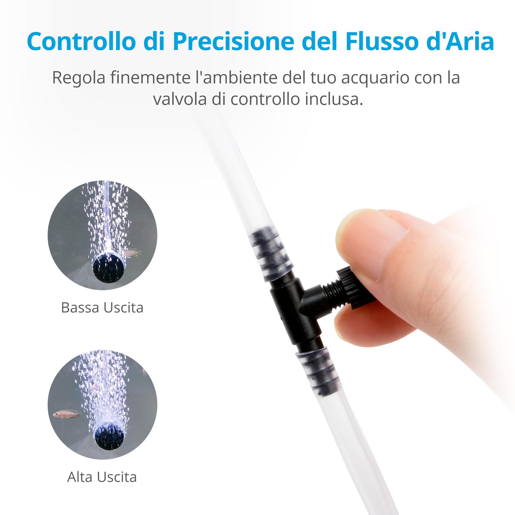 NICREW Ossigenatore per Acquario Ultra Silenzioso fino a 150 L con Flusso Regolabile, Pompa d'Aria per Acquario <35 dB Dotata di Tubo dell'Aria, Pietra e Valvola di Non Ritorno