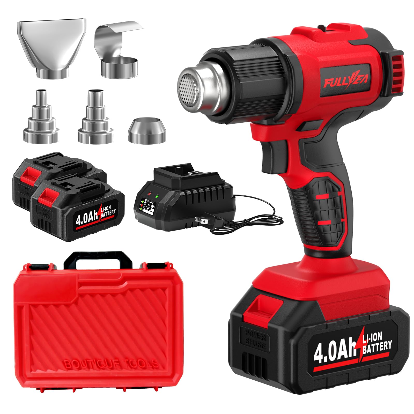 Photo 1 of FULLYEA Cordless Heat Gun, Max 1022°F (550°C) Fast Heating, Lightweight Hot Air Gun Kit with 2x4.0Ah Batteries & 5 Nozzles, Portable Heat Gun for Shrink Tubing, PVC Wrap, Crafts (Red)