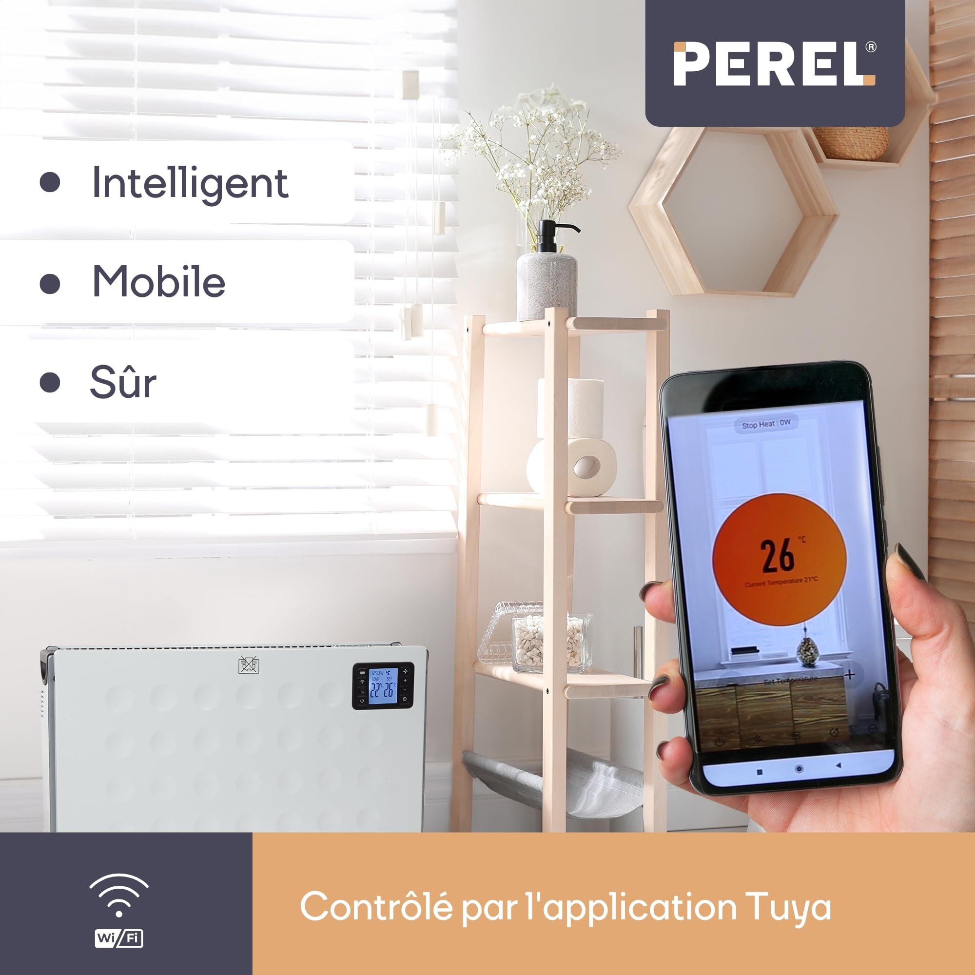 Perel Chauffage convecteur intelligent 2000W, 3 niveaux de chaleur, thermostat, IP20, protection surchauffe, portable avec télécommande et Tuya app, pour pièces jusqu’à 60 m³