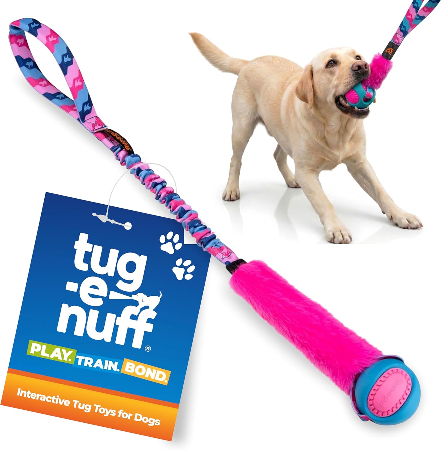 Tug-E-Nuff Fauxtastic PowerBall Bungee, Durable, Faux-Fur Fetch & Tug of War Dog Toy with Rubber Ball, Interactive Dog Tug Toys for Training Small, Medium, Large Dogs, 25 in, Pink Pattern
