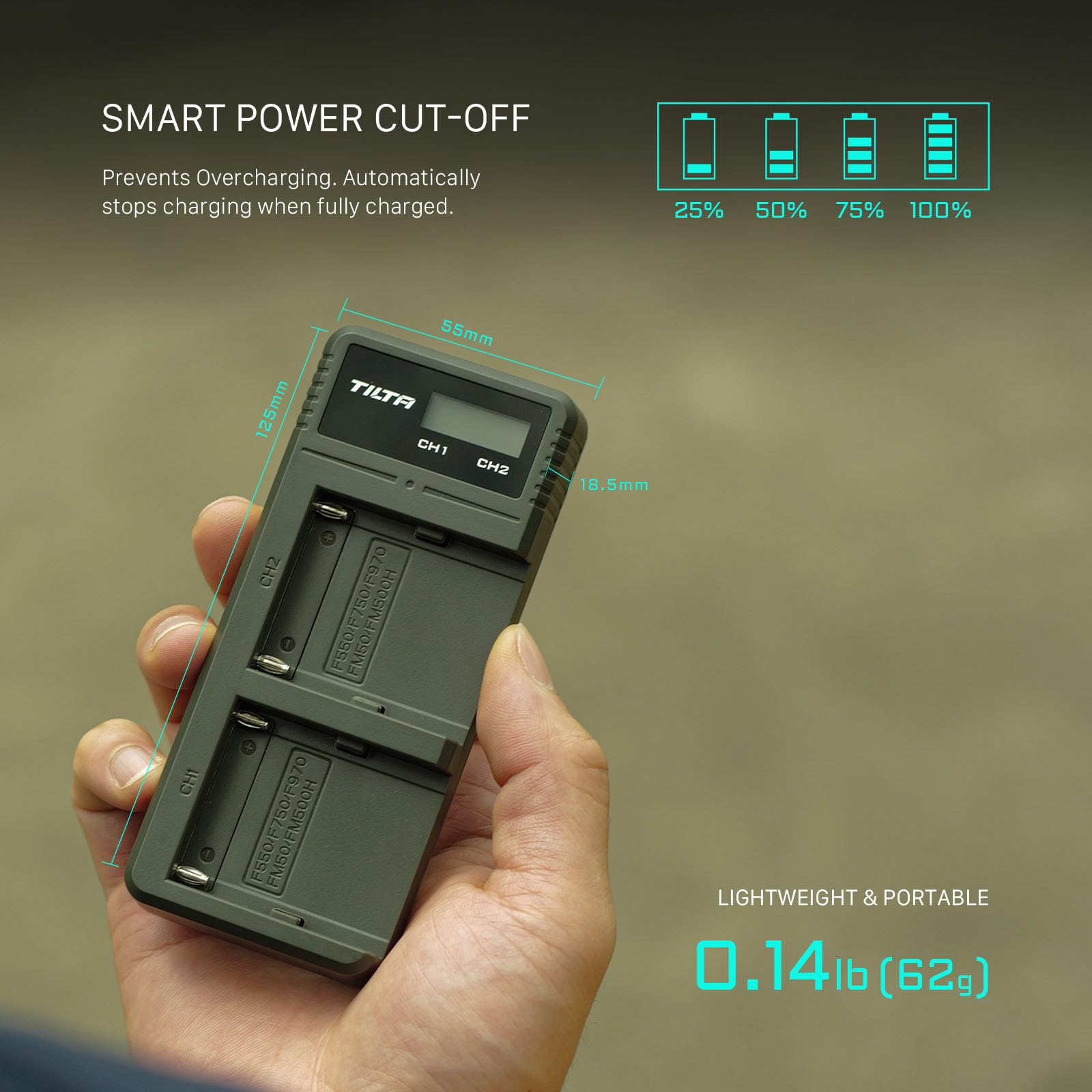 TILTA NP-F550 Lot de 2 batteries 3500 mAh et double chargeur LCD compatible avec les batteries Sony NP-F570, F550, F750, F770, F930, F950, F960, F970, lampes LED, moniteurs et Nucleus M II TBC-LS-A-GN