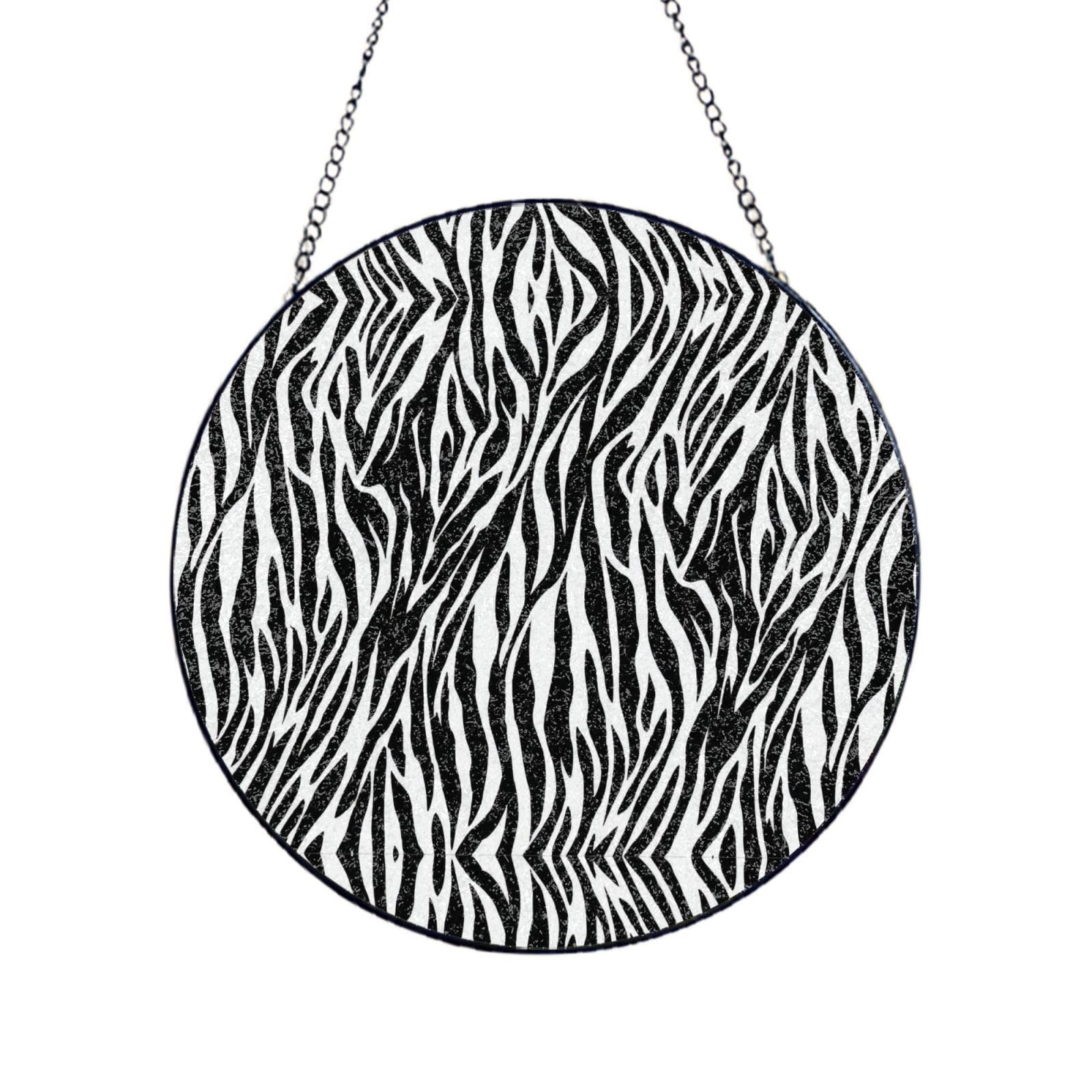 Phayah Zebra Print Print Glass Window Hanging Round Suncatcher Glass Ornament Garden Wall Fence Decorations Indoor Outdoor 8in（20cm）