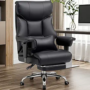 COMHOMA Big and Tall Office Chair 400lbs High Back Computer Gaming Chair with Ergonomic Lumbar Support & Pocket Spring Cushion for Lower Back Pain Relief, Leather Executive Chair with Foot Rest, Black