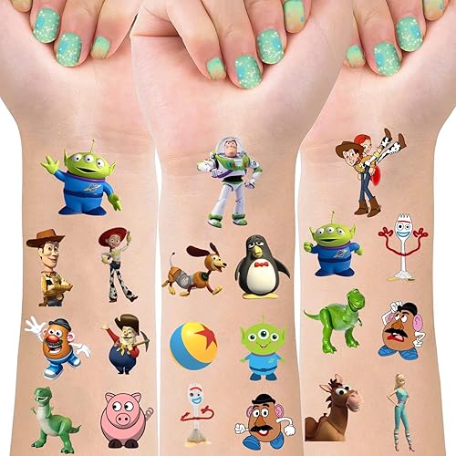 8 hojas de tatuajes temporales de juguete para niños, decoración de fiesta de cumpleaños de historia, recuerdos de fiesta para niños