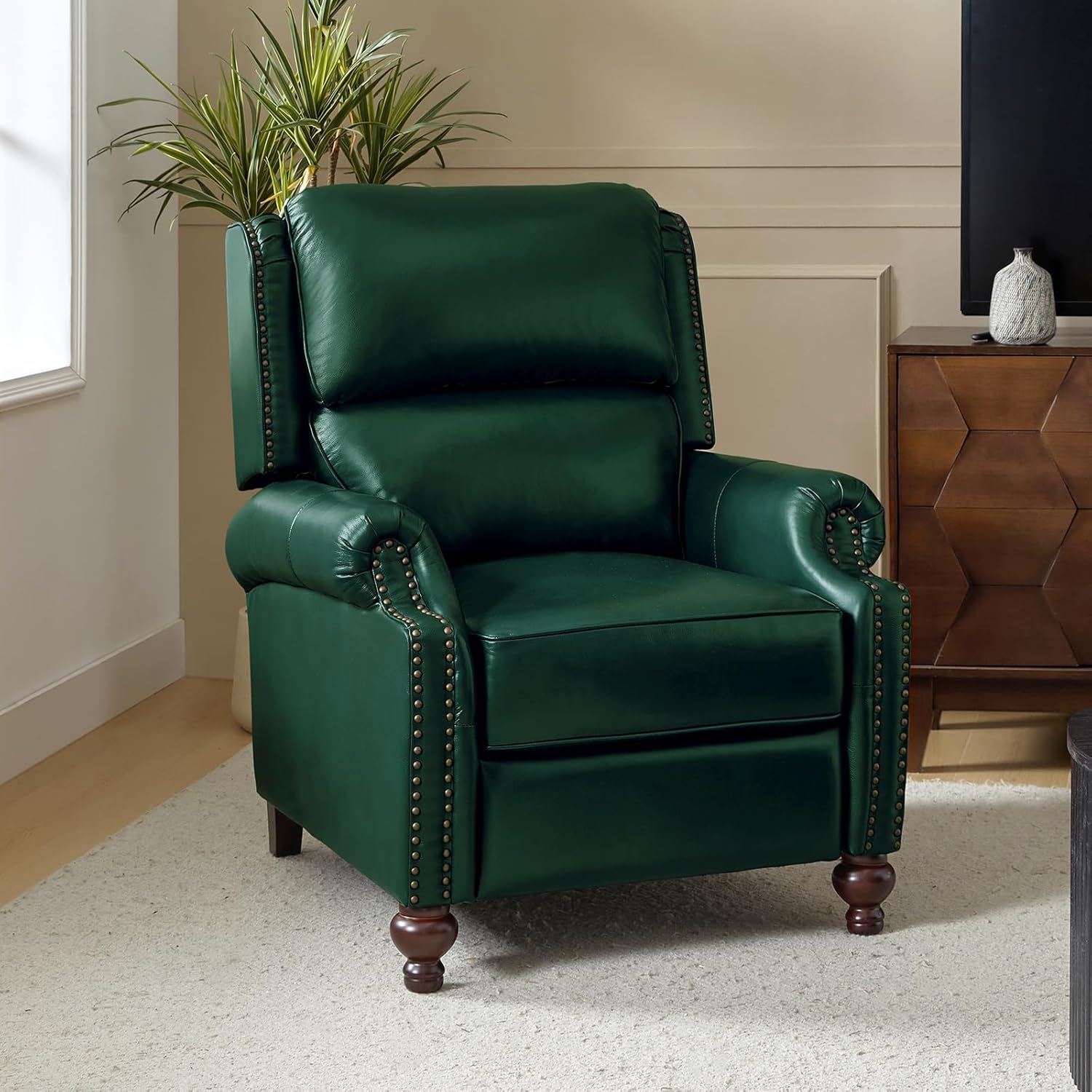 HULALAHOME Genuine Leather Push Back Recliner Chair - Vintage Green Wingback with Nailhead Trim for Living Room Relaxation