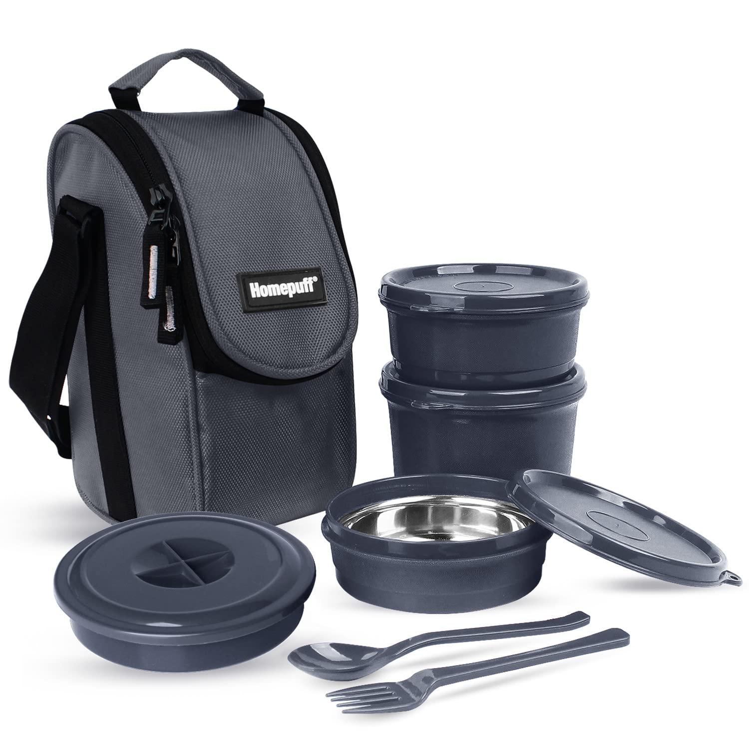 Home Puff Set of 4 Stainless Steel Insulated Lunch Boxes for Office Men & Women, Airtight & Leak Proof Tiffin Box for School, Free Lunch Bag, Easy Clean, 1500ml, Grey, Made in India,with Warranty