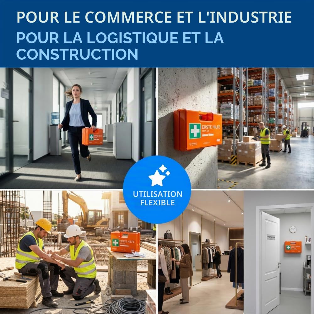 Trousse de premiers secours pour les entreprises DIN 13169 en orange, trousse de premiers secours remplie et avec support mural