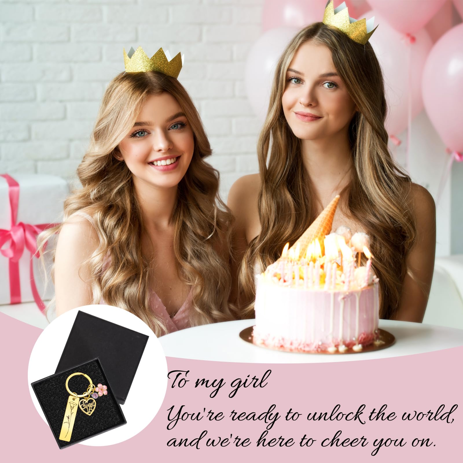 Sweet Sixteen Gifts for Girls - 16th Birthday - 16 Year Old Teen Girl Valentine's Day Gifts from Mom Dad Grandpa Grandma Aunt, Double-Sided Engraved Stainless Steel Gold Keychain