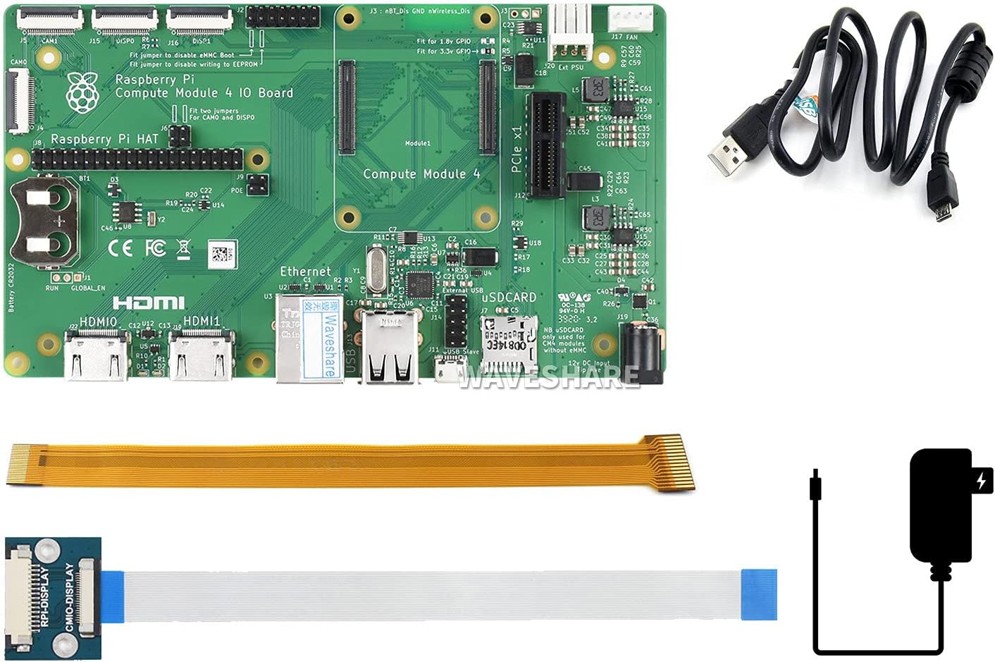 waveshare Original Raspberry Pi Compute Module 4 IO Board with Camera Cable and Power Supply Kit, for All Compute Module 4,with Real-Time Clock Dual MIPI DSI/CSI Interfaces,USB Connectors (5 Items)