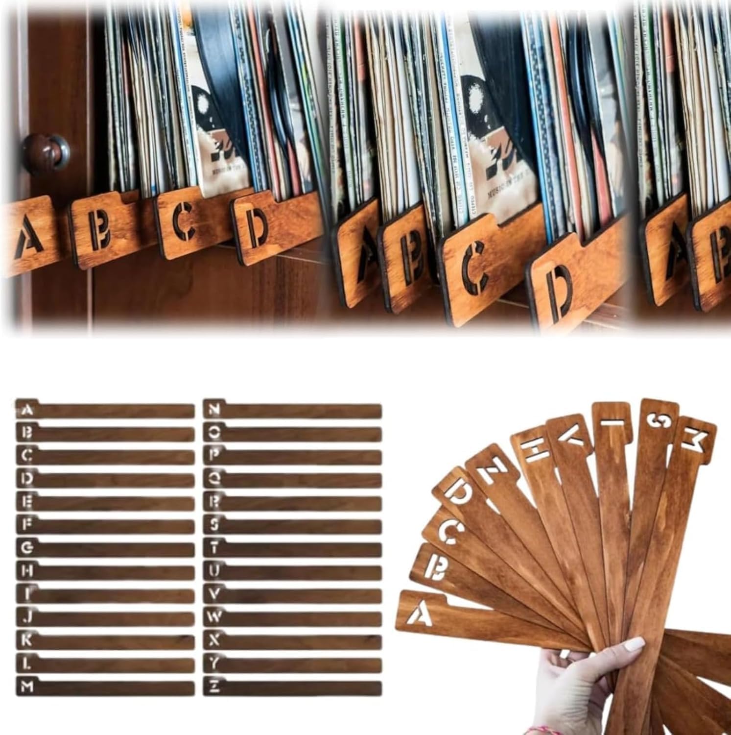 Divisori per Dischi, Divisori per Dischi in Legno, Divisori Alfabetici per Dischi in Vinile A-z, 26 Portadischi, Organizer, 1 Set / 52 Pieces