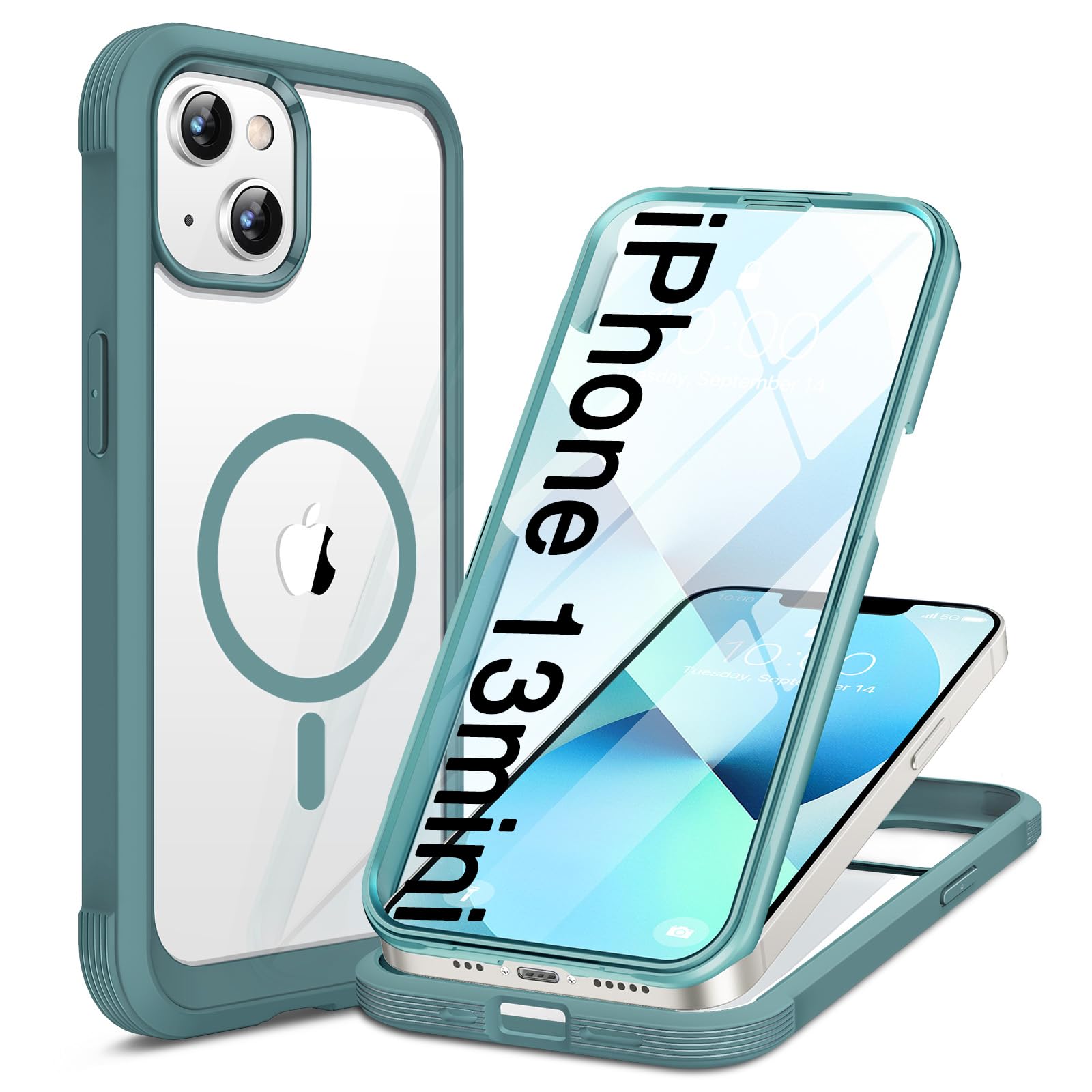 miracase for iPhone 13 mini Case 5.4",Built-in Glass Screen Protector,Teal | Full-Body Protection,Magnetic with MagSafe,Military-Grade Drop Protection Outdoor Cover Bumper for iPhone 13 mini Green iPhone 13 mini