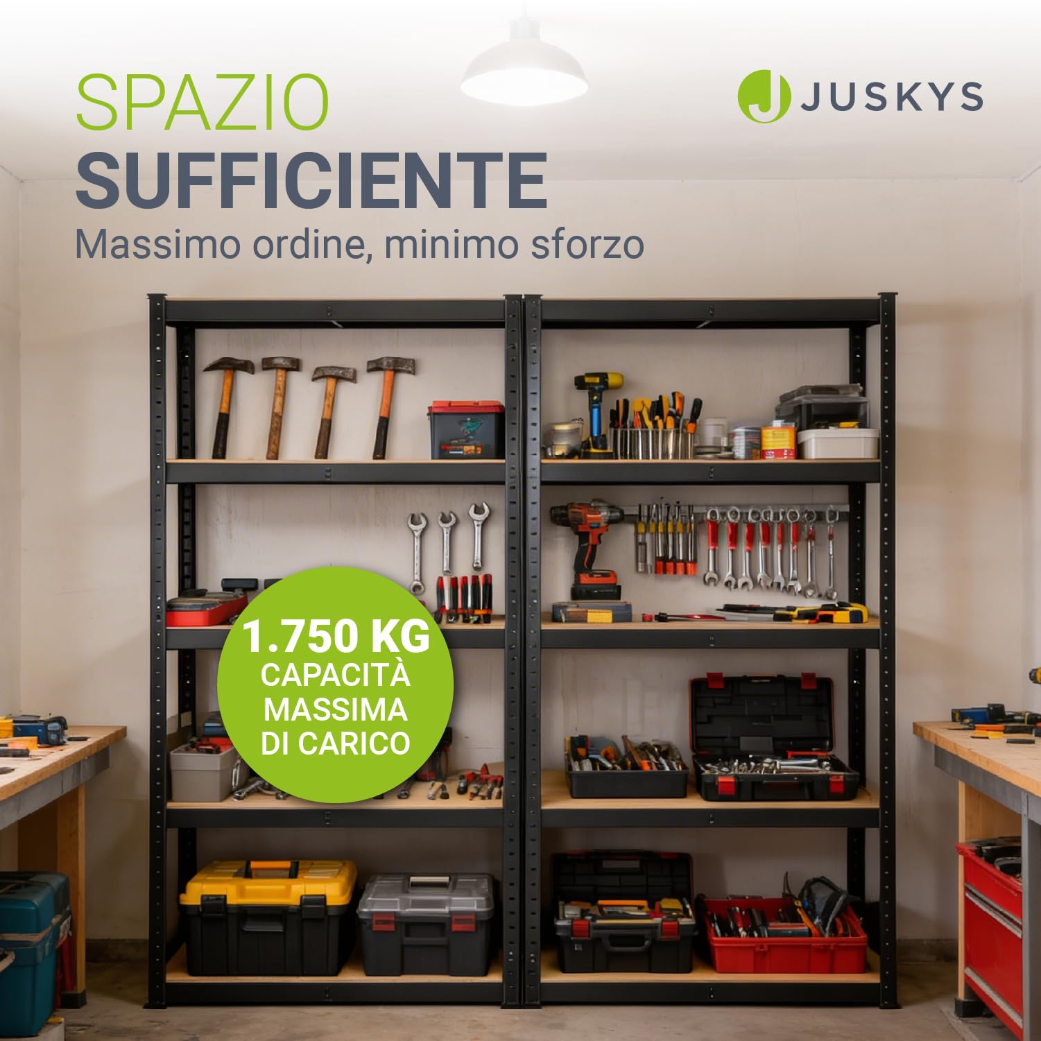 Juskys Set 2 scaffali Basic 2X 180x90x40 cm (AxLxP) | 1750 kg | 10 ripiani | struttura a incastro per officina, garage, cantina – metallo zincato - Grigio