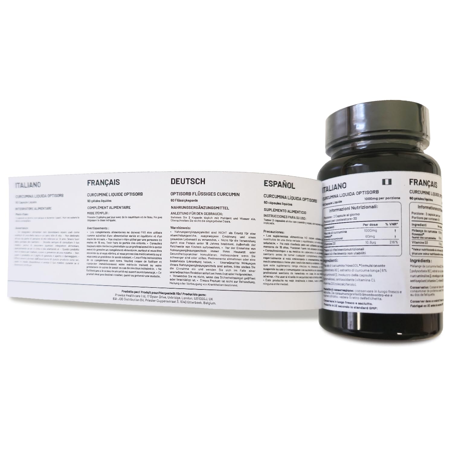 Optisorb flüssiges Curcumin mit Vitamin D – 60 Liqcaps | 185x Bioverfügbarkeit von Kurkuma und Curcumin – Ultra bioverfügbar | Flüssige Kapseln mit 1000 mg NovaSOL Tagesdosis