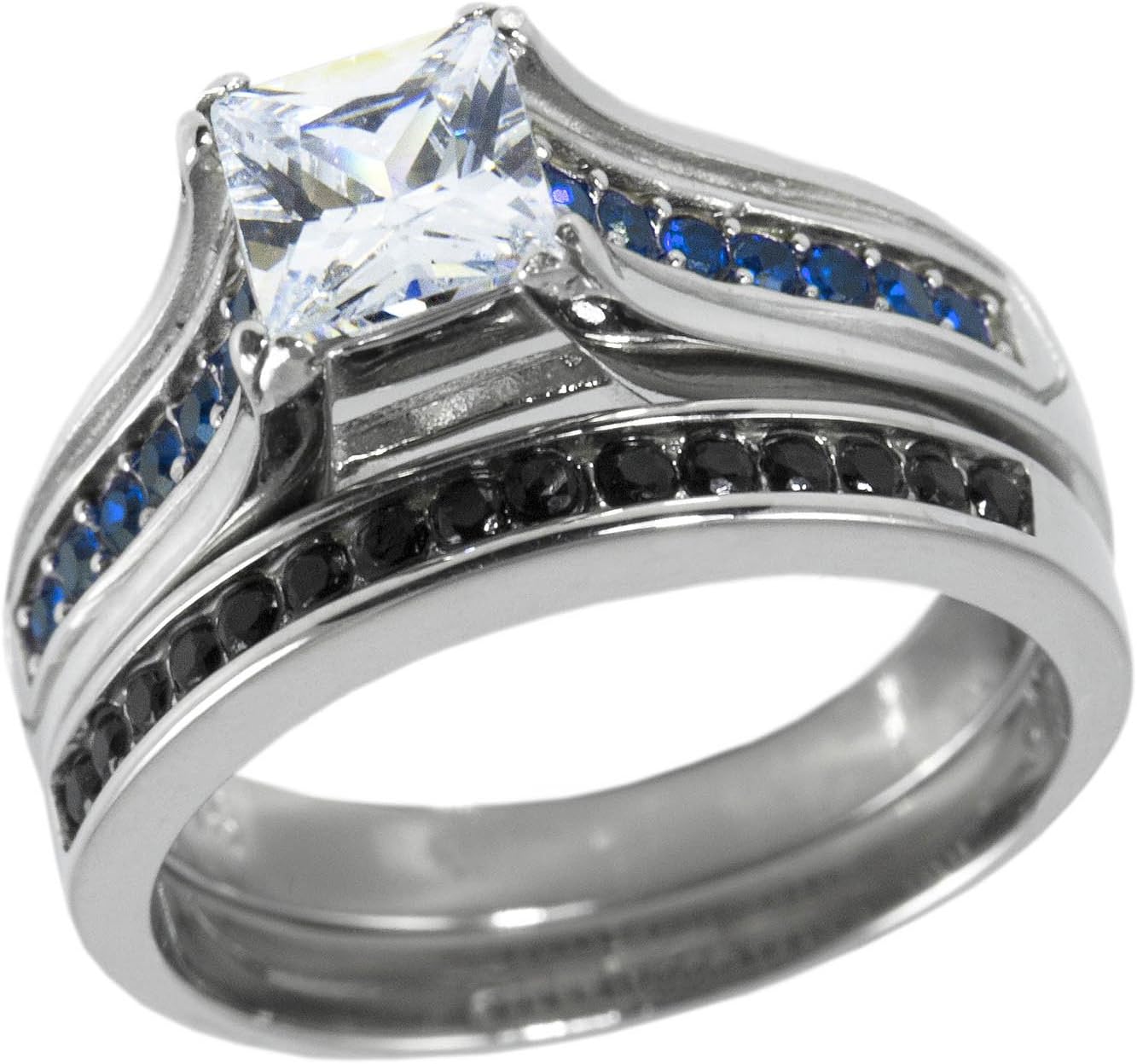 Thin Blue Line Stainless Steel Cz Engagement Ring Three Ring Set