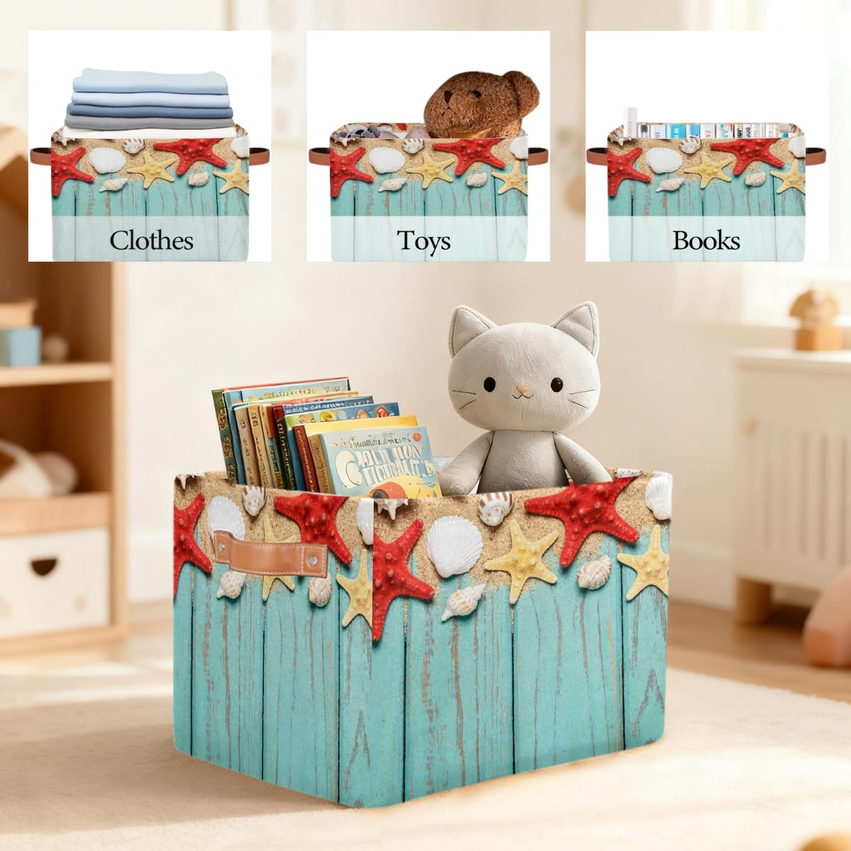 Rechteckiger Aufbewahrungskorb aus Holz mit Seestern und Muscheln im Sommer, mit Ledergriffen, faltbarer Stoff-Aufbewahrungskorb für Schrank, Badezimmer, Wohnzimmer, Büro, Spielzeug, Organizer