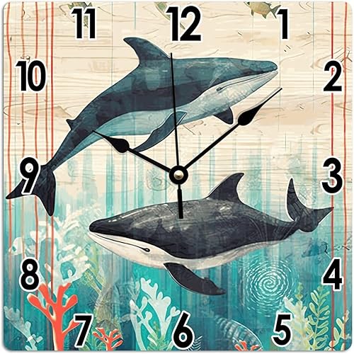 Reloj de pared decorativo rústico de 12 x 12 pulgadas, reloj de pared de PVC con acuarela, ballena, vintage, náutico, costero, para pared, playa