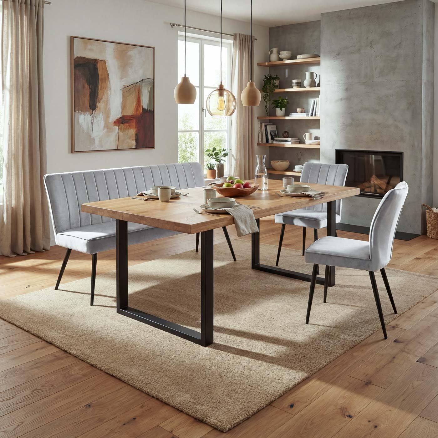 Mendler Esszimmer-Set HWC-K16 Samt Metall - hellgrau