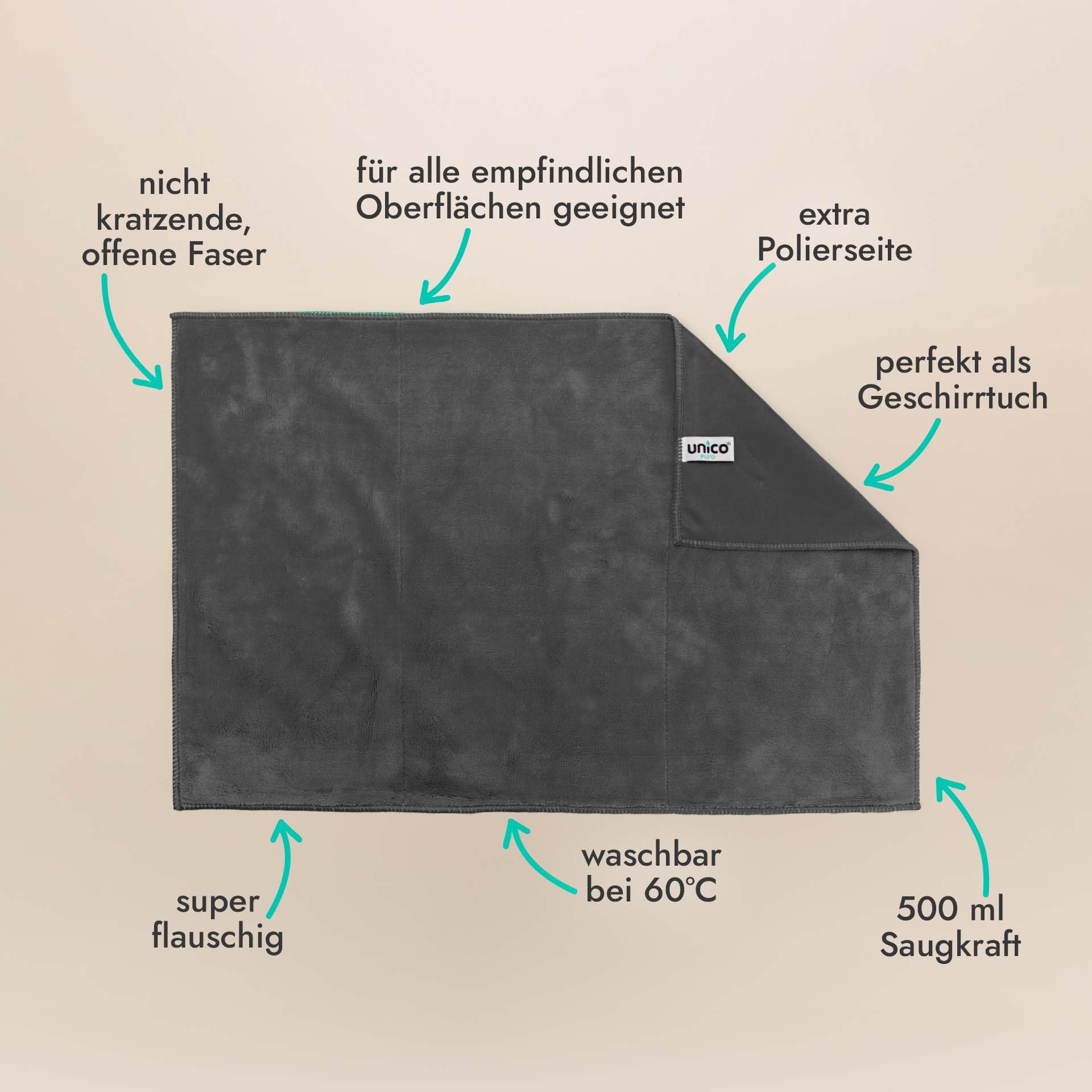unicopuro® Soft Touch Microfasertuch 60 × 40 cm anthrazit 8er Set – vielseitiges Allzwecktuch mit 500 ml Saugkraft & Polierseite – für Küche, Bad, Fenster & Tierpflege – 600 g/m², 60 °C waschbar