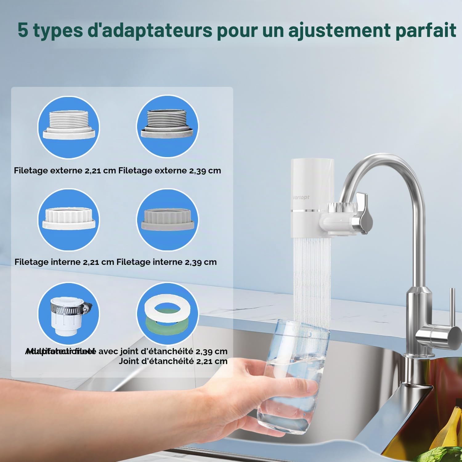 Vortopt Filtre eau Robinet, NSF Certifiée Filtre à Eau Robinet, Système de Filtration ACF, Purificateur de l'eau de Longue Durée pour Cuisne, Réduit Chlore, Goût et Odeur, T1 (2 Filtres Inclus)