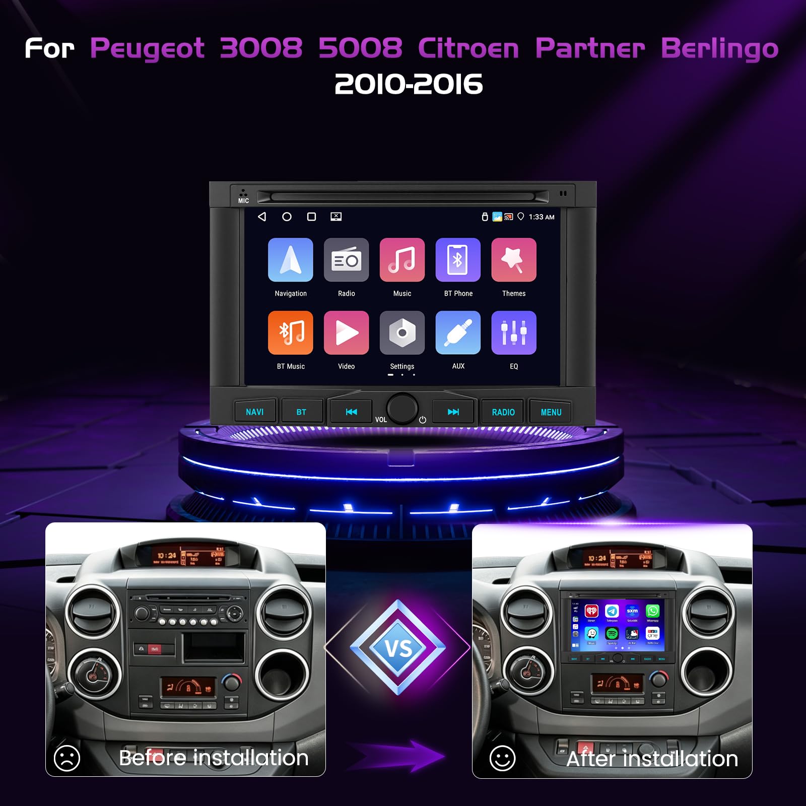 Autoradio per Peugeot 3008 5008 Citroen Partner Berlingo 4+64GB 7''