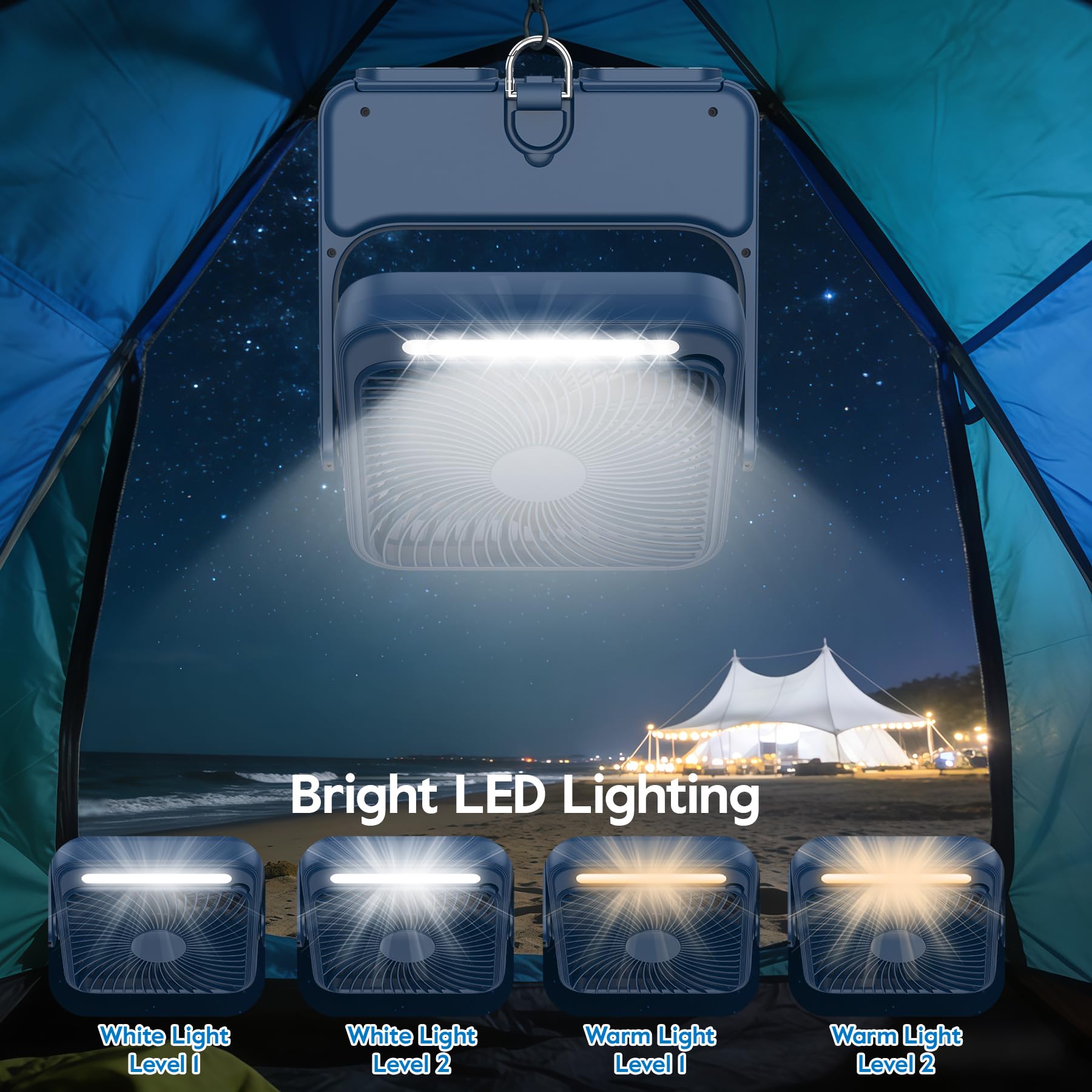 Ventilatore Portatile 20000mAh Campeggio USB Ventilatore da Tavolo con Luce LED, 4 Velocità, 12-43 ore di Funzionamento, Smart Display, Riduzione del rumore, per Ufficio, Casa ed Esterno (Blu) - 5