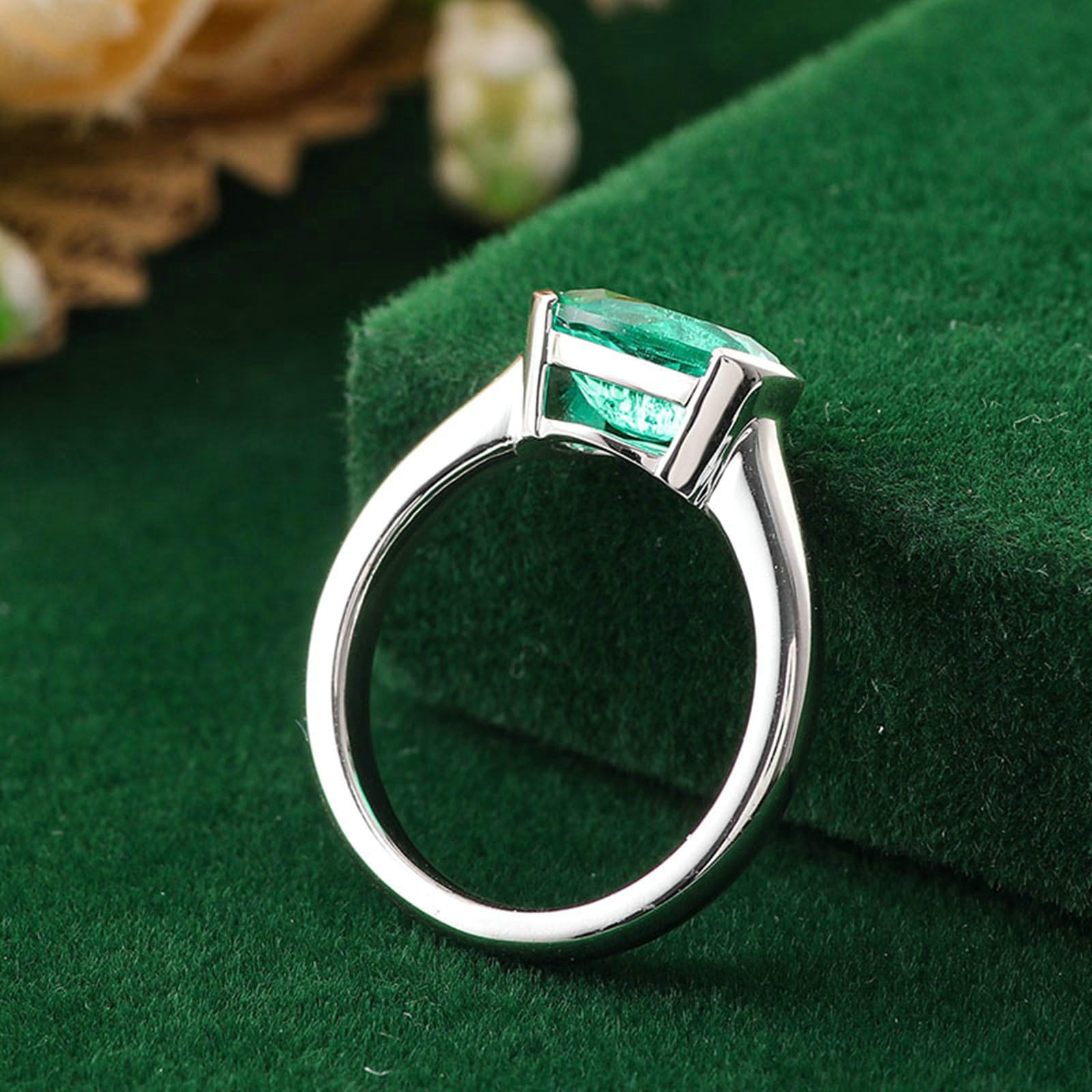 Anillos de boda de platino para mujer, anillo de compromiso de tamaño H 1/2-V 1/2 solitario con esmeralda ovalada de 3 quilates