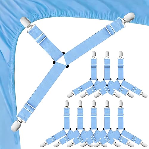 Morcheiong Paquete de 4 correas ajustables para sábanas con clips para sábanas, sofás y manteles, color azul