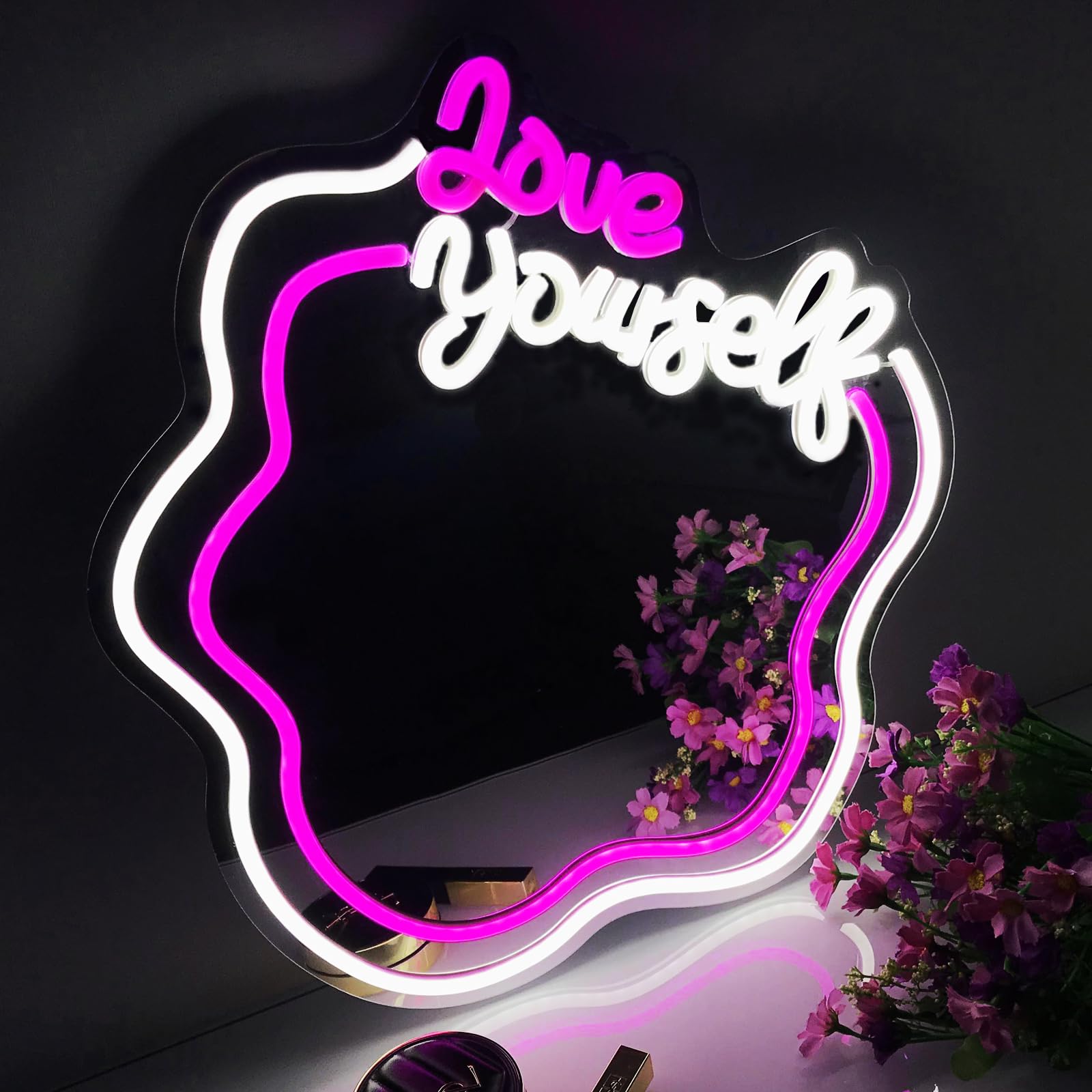 Love Your Self Pink + Warm White Light Neon Mirror Energy Saving Multiple Occasions Available USB Easy To Use Light Adjustable Strength Easy To Carry Travel Preferred